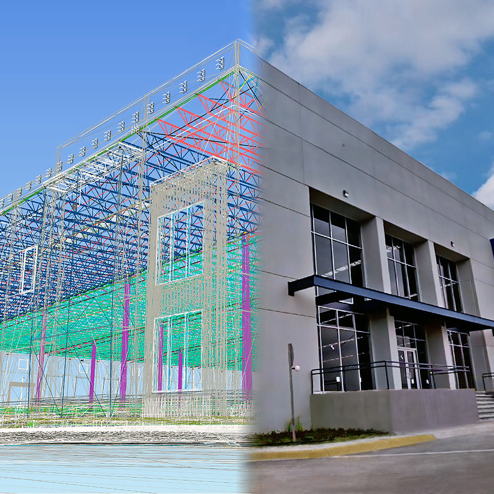 Comparación de un modelo estructural de colores y la fachada gris ya construida.