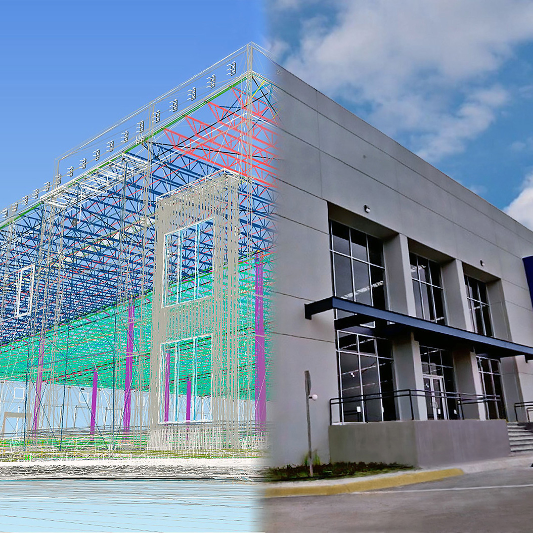 Edificio terminado junto a su modelo estructural de colores, en la misma toma.