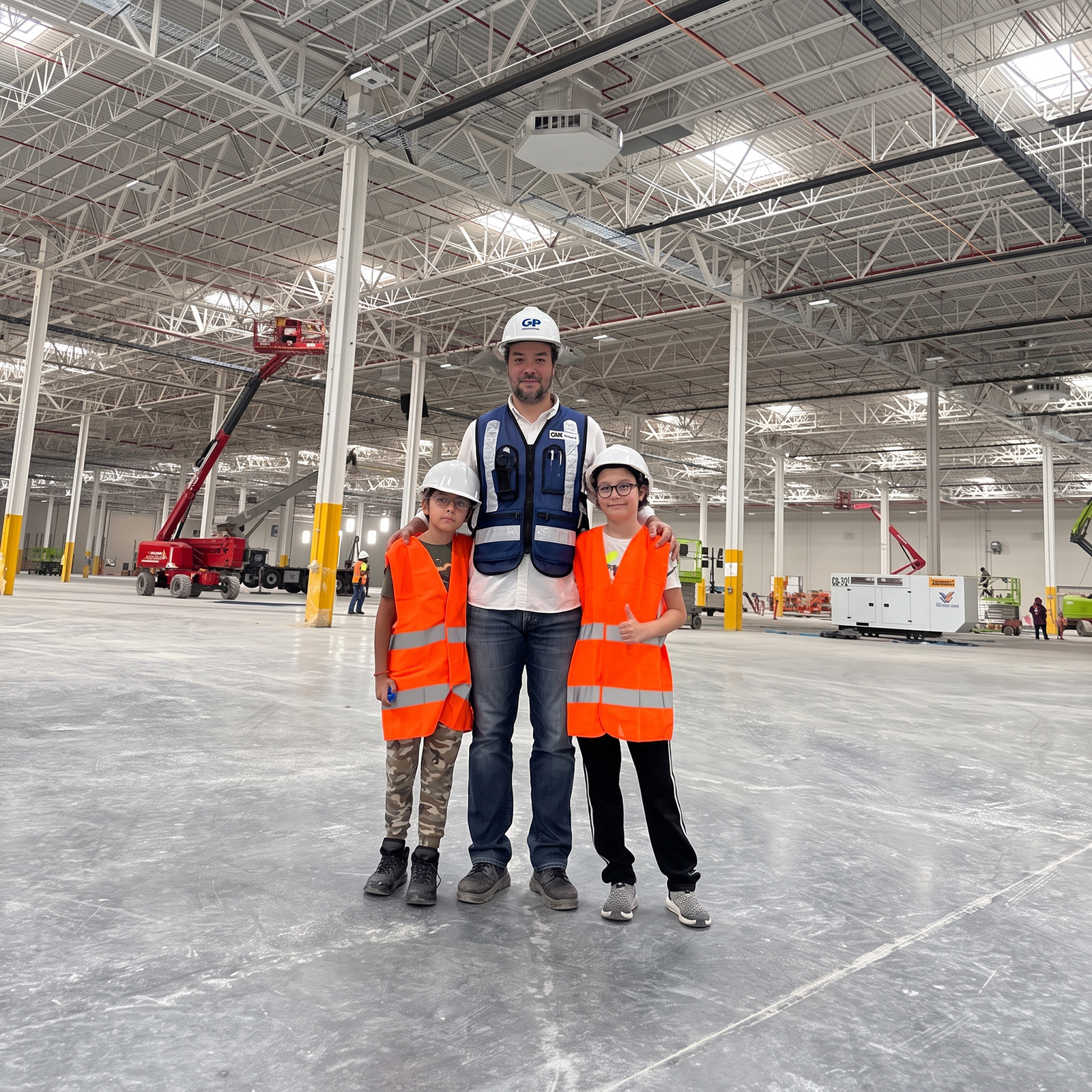 Colaborador de GP acompaña a dos niños con casco naranja en una nave industrial.