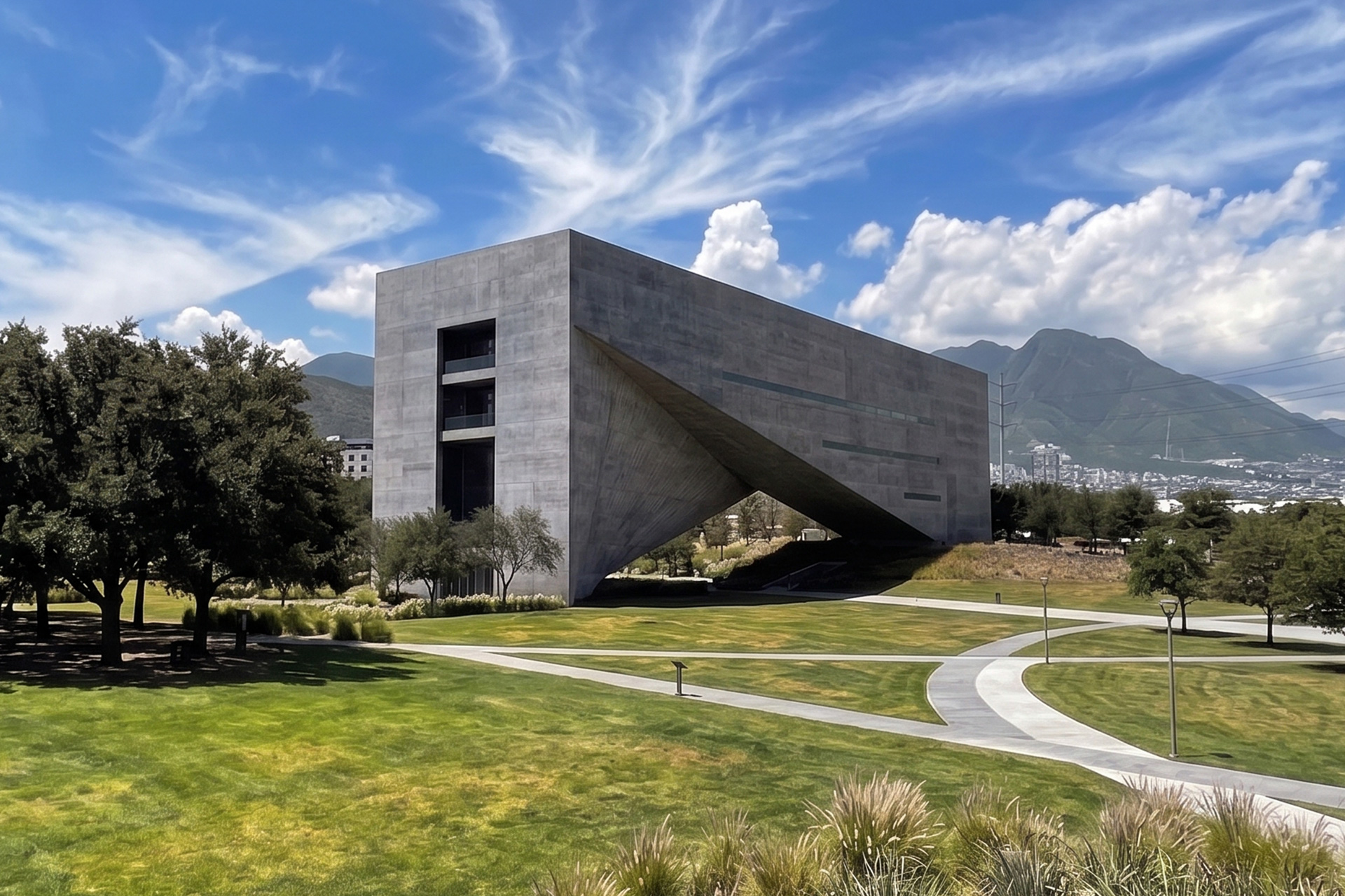 Edificio de concreto en voladizo entre árboles y senderos, con la ciudad y la sierra.