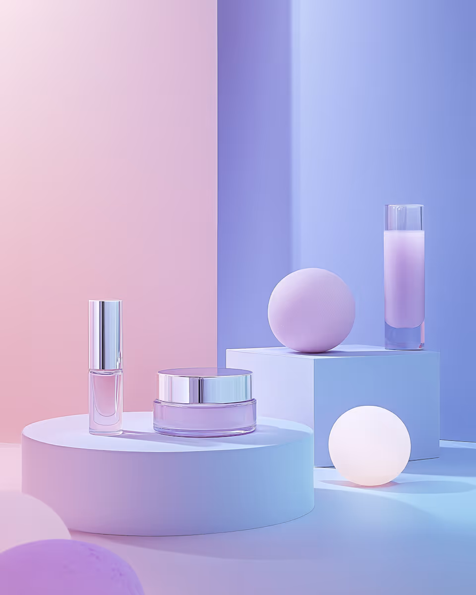 Minimalist display of pink cosmetic containers on pastel blue and pink geometric platforms with glowing spherical lights.