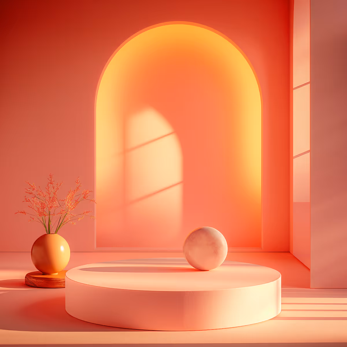 Minimalist room bathed in warm orange light with an arched glowing wall, a round pedestal with a marble sphere, and a vase with delicate branches.