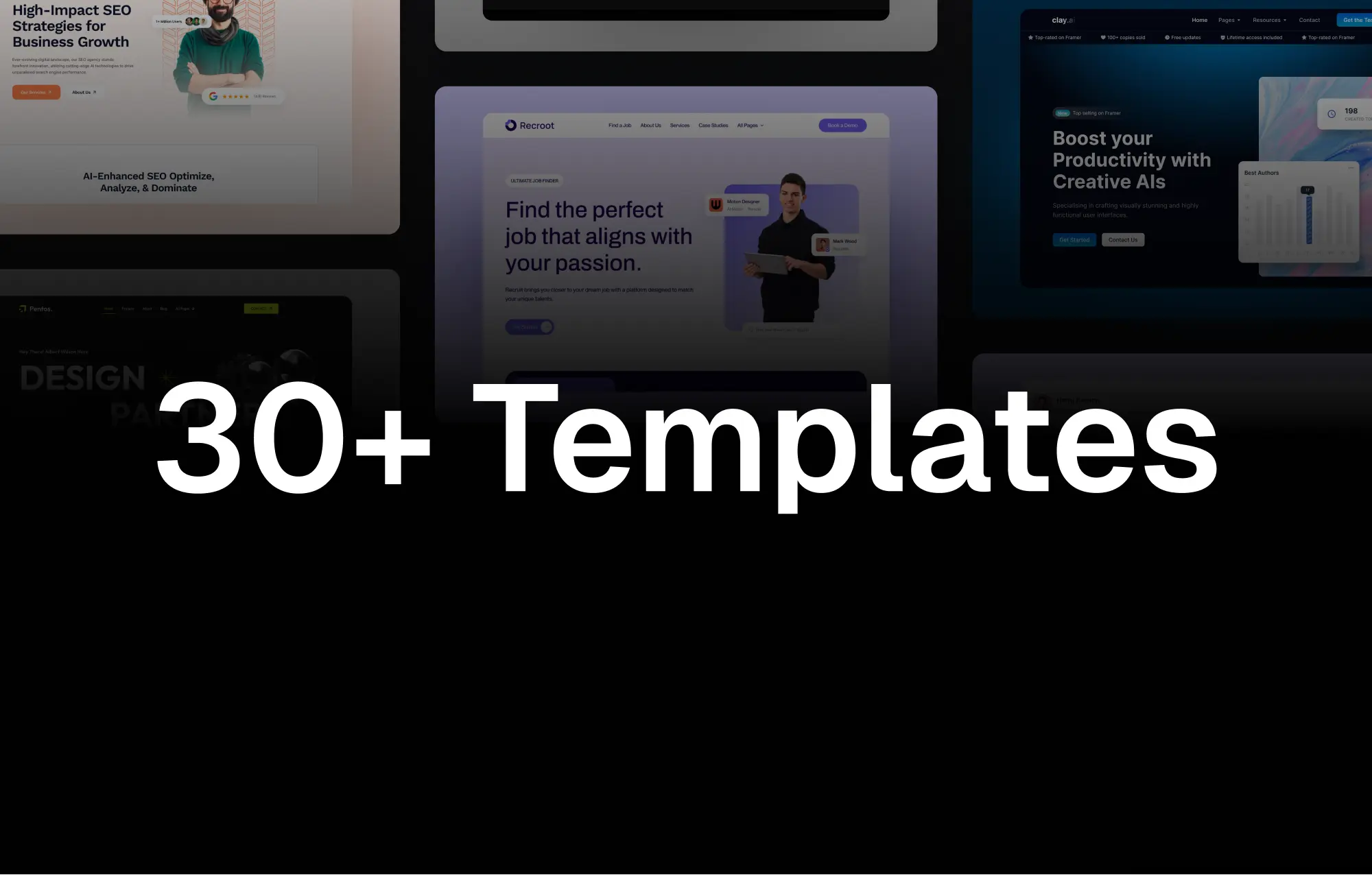 Large text reading '30+ Templates' over blurred website template thumbnails in the background.