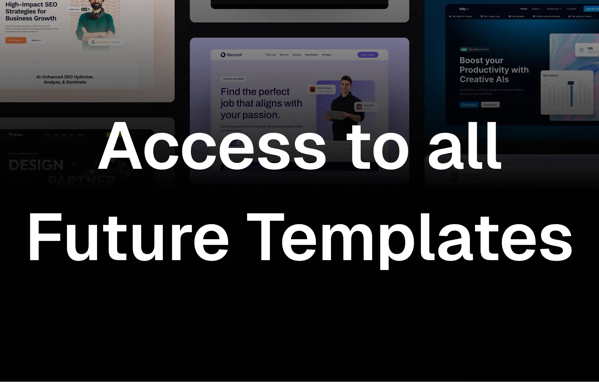 Webpage displaying the phrase 'Access to all Future Templates' in bold white text over blurred website previews.