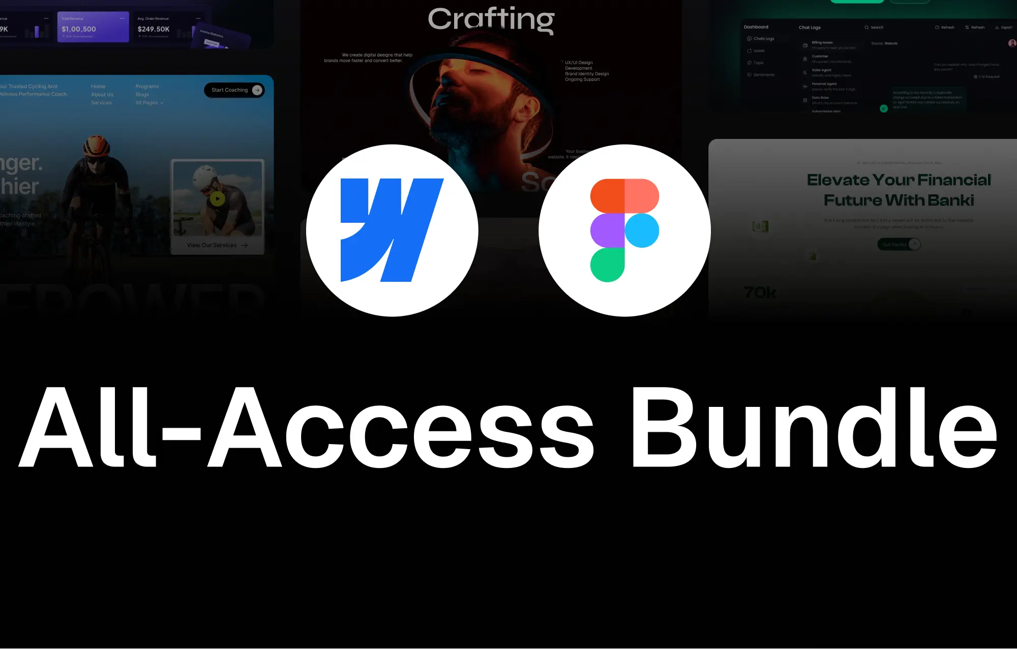 Logos of Webflow and Figma above white text stating All-Access Bundle on a dark background.