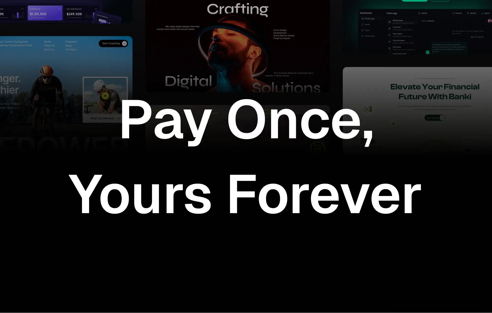 White text saying 'Pay Once, Yours Forever' on a dark background with faint website designs behind.