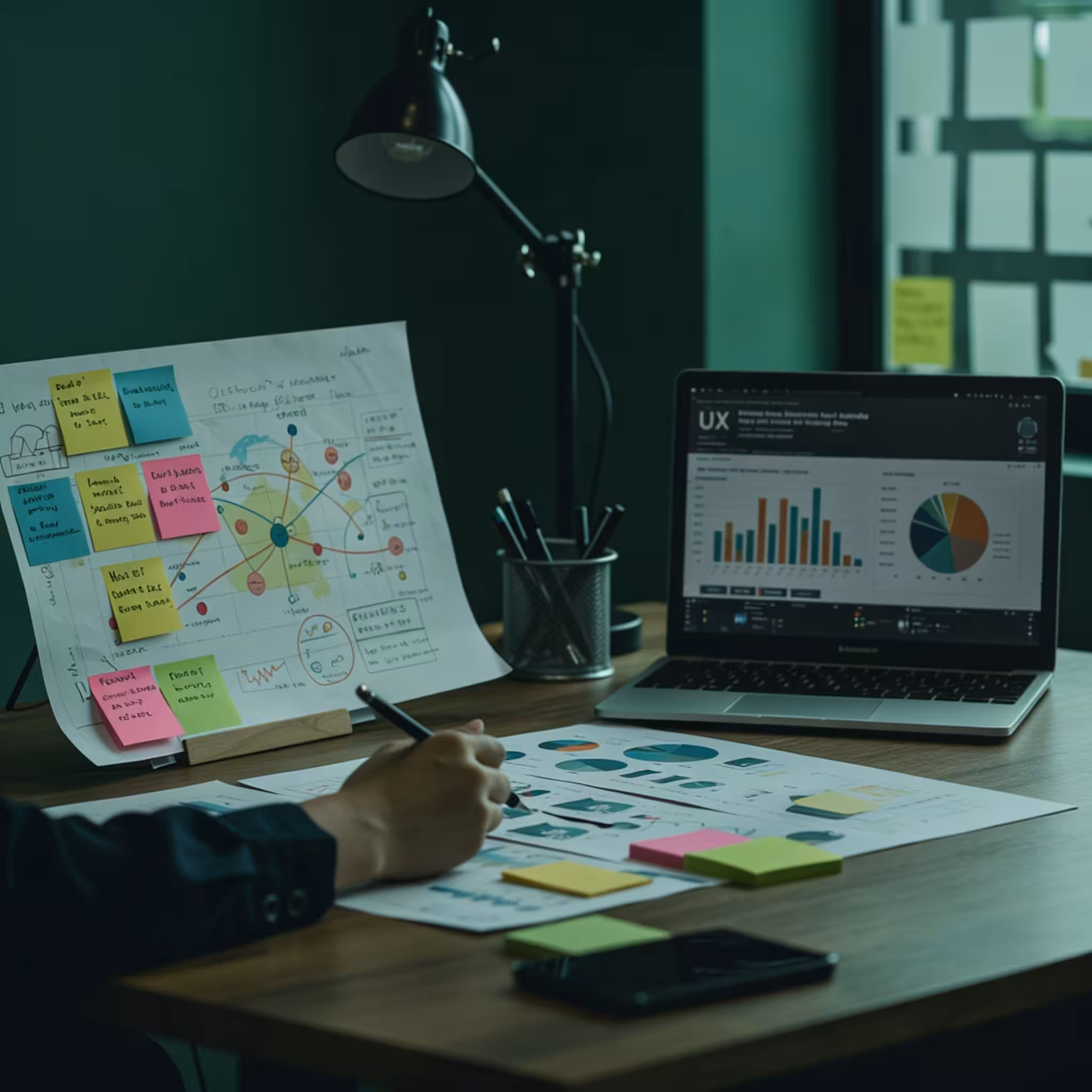 Person working on UX research with charts on paper and laptop, using sticky notes and pen at desk.