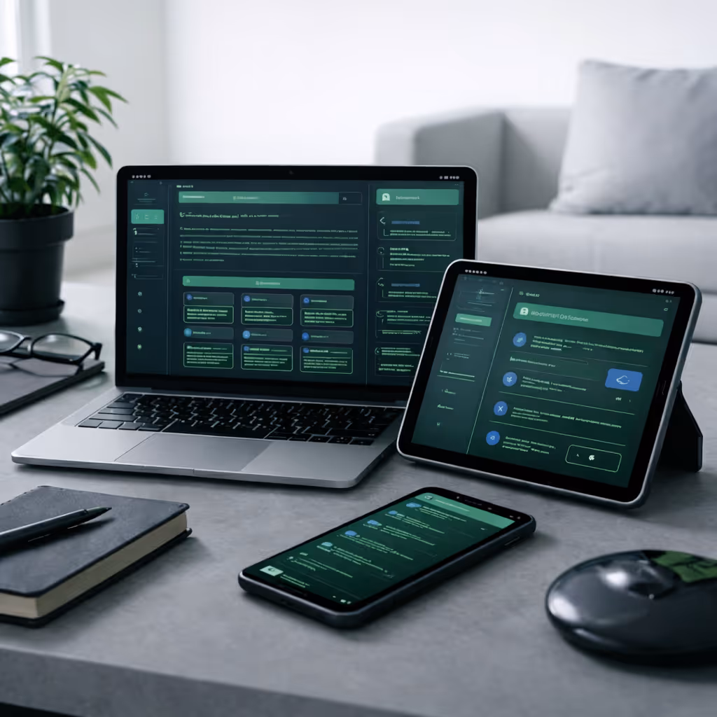 Laptop, tablet, and smartphone on a desk displaying a dark-themed interface of the same app.