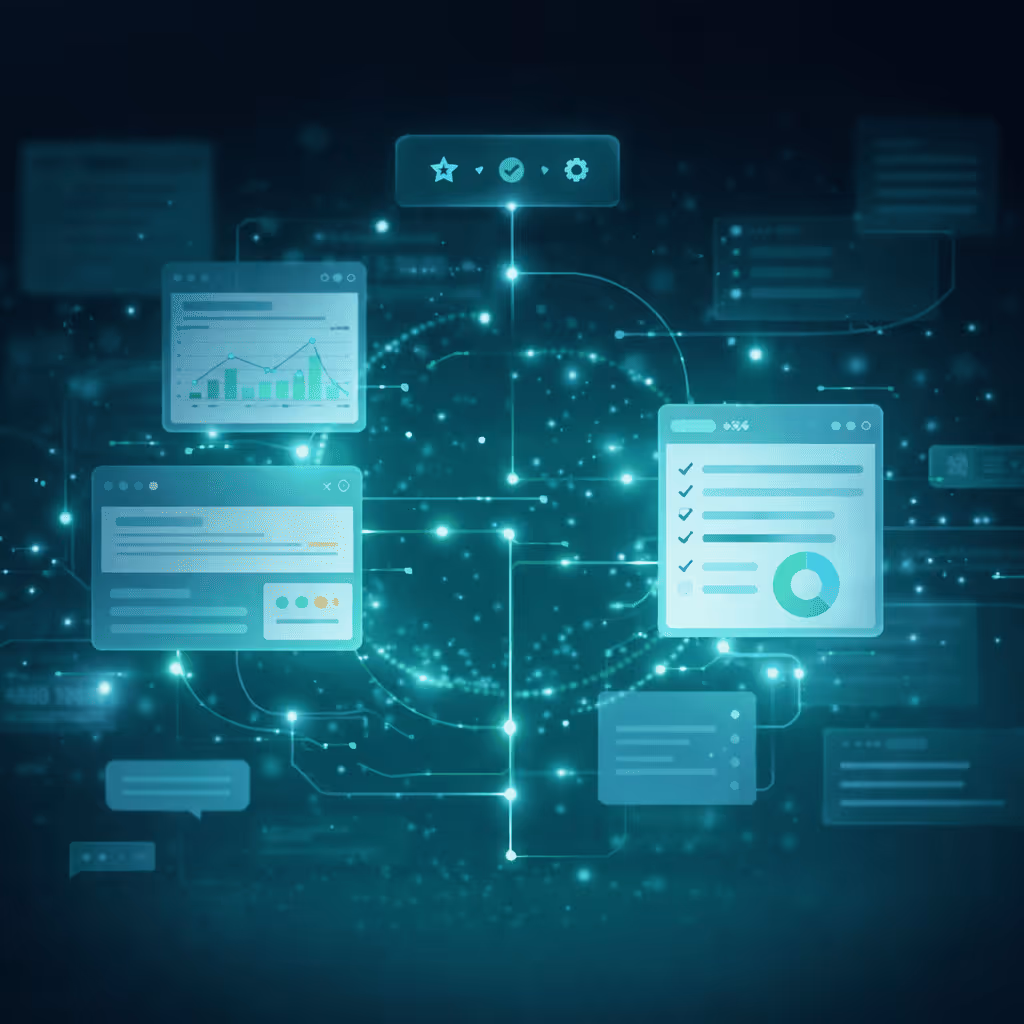 Glowing digital network with floating data windows showing charts, checklists, and messages.
