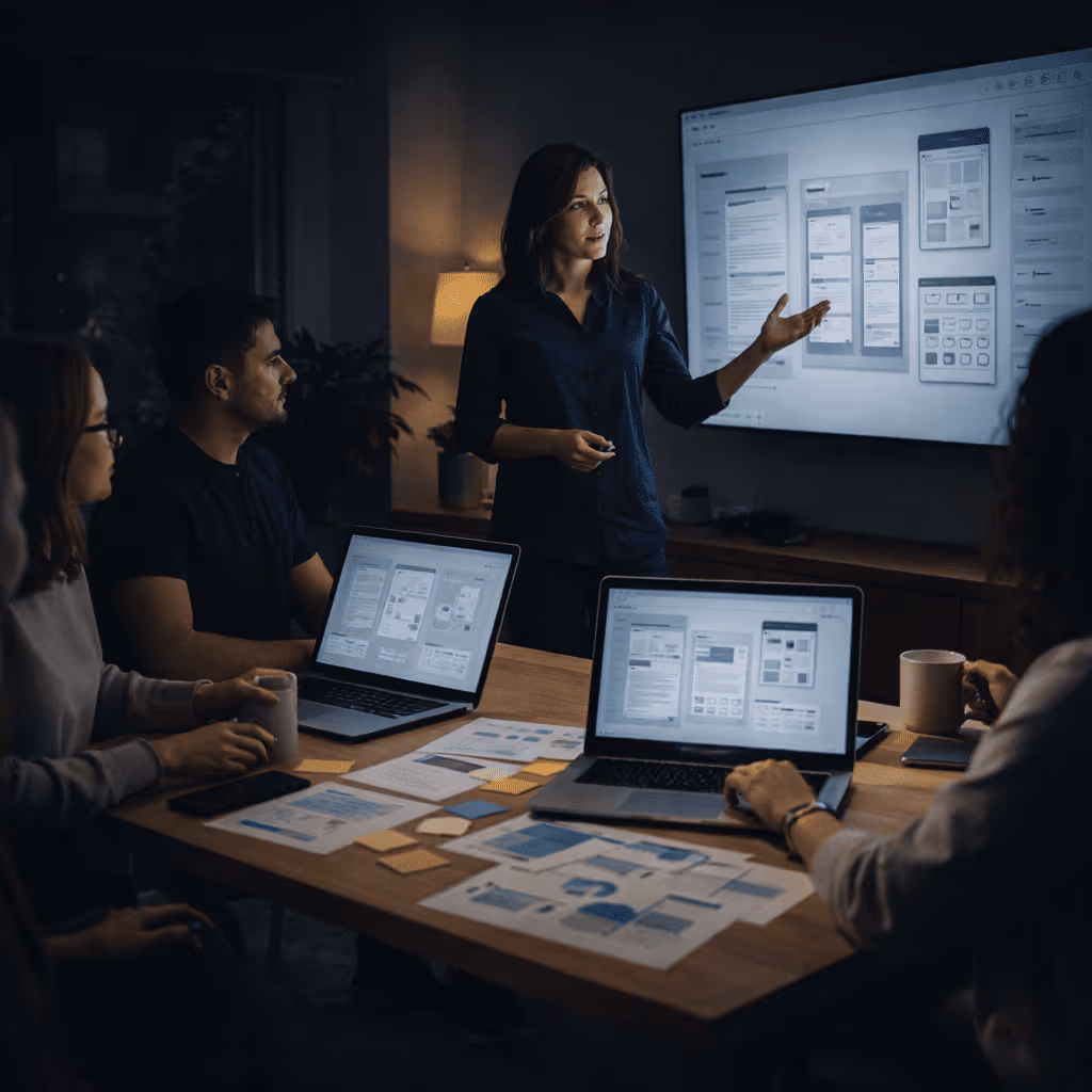 Woman presenting UX design wireframes on monitor to a team with laptops and papers in dimly lit room.