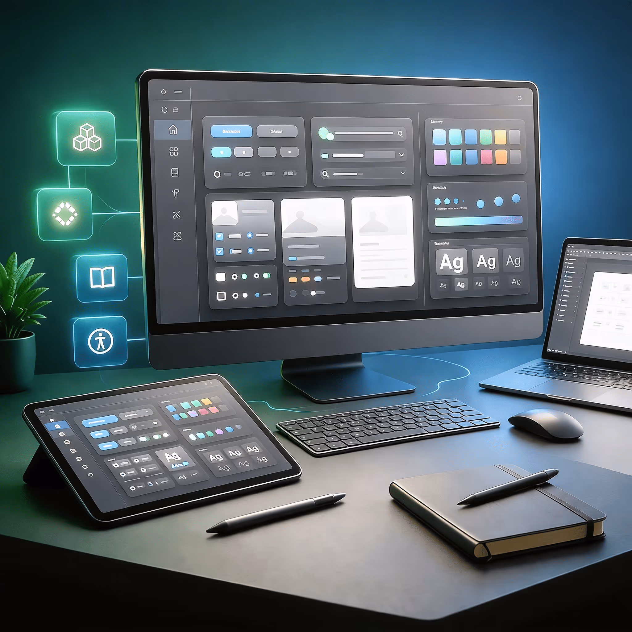 Workspace with desktop, laptop, and tablet displaying a dark-themed UI design system interface.