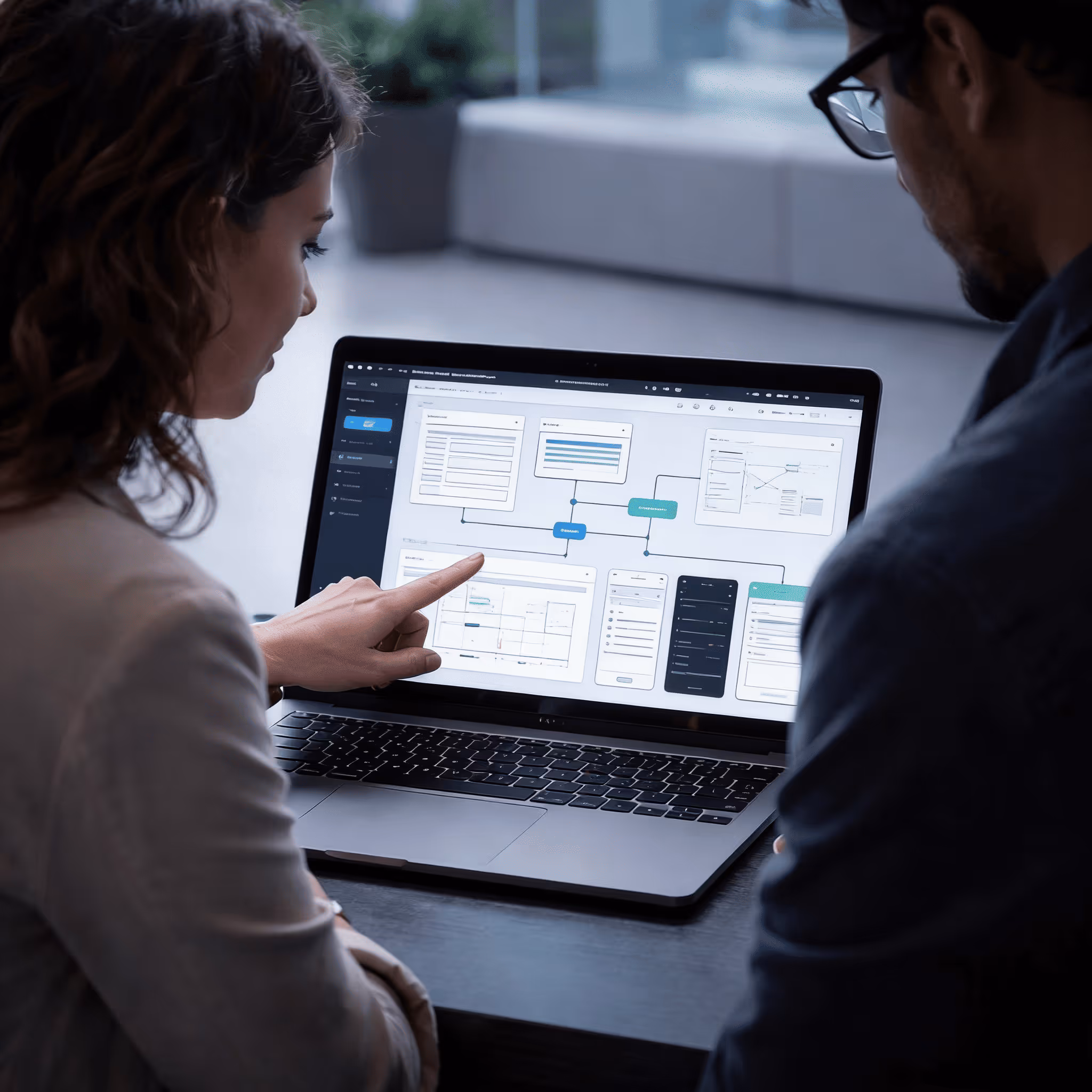 Two people reviewing a UX design wireframe on a laptop screen at a desk.