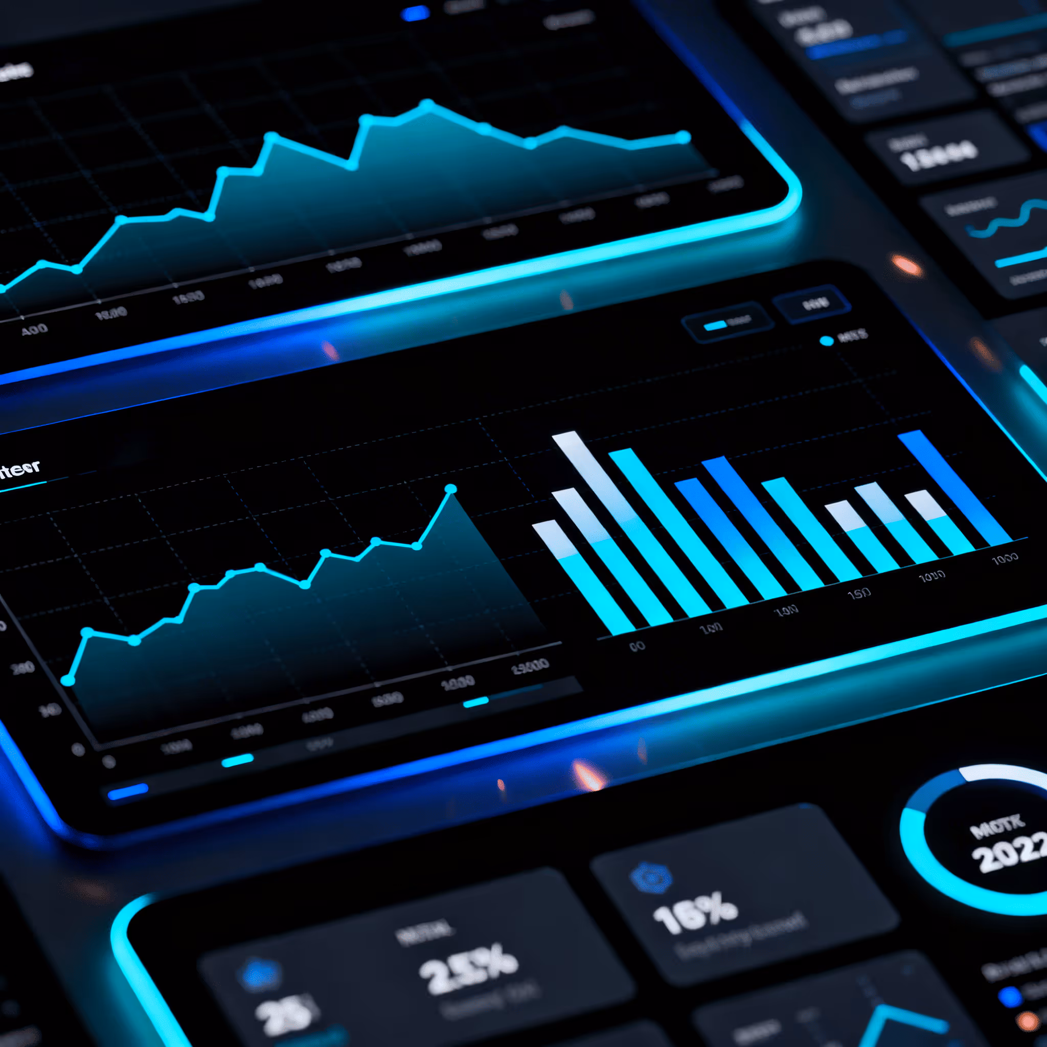 Dashboard with glowing blue line and bar charts showing data trends and statistics.