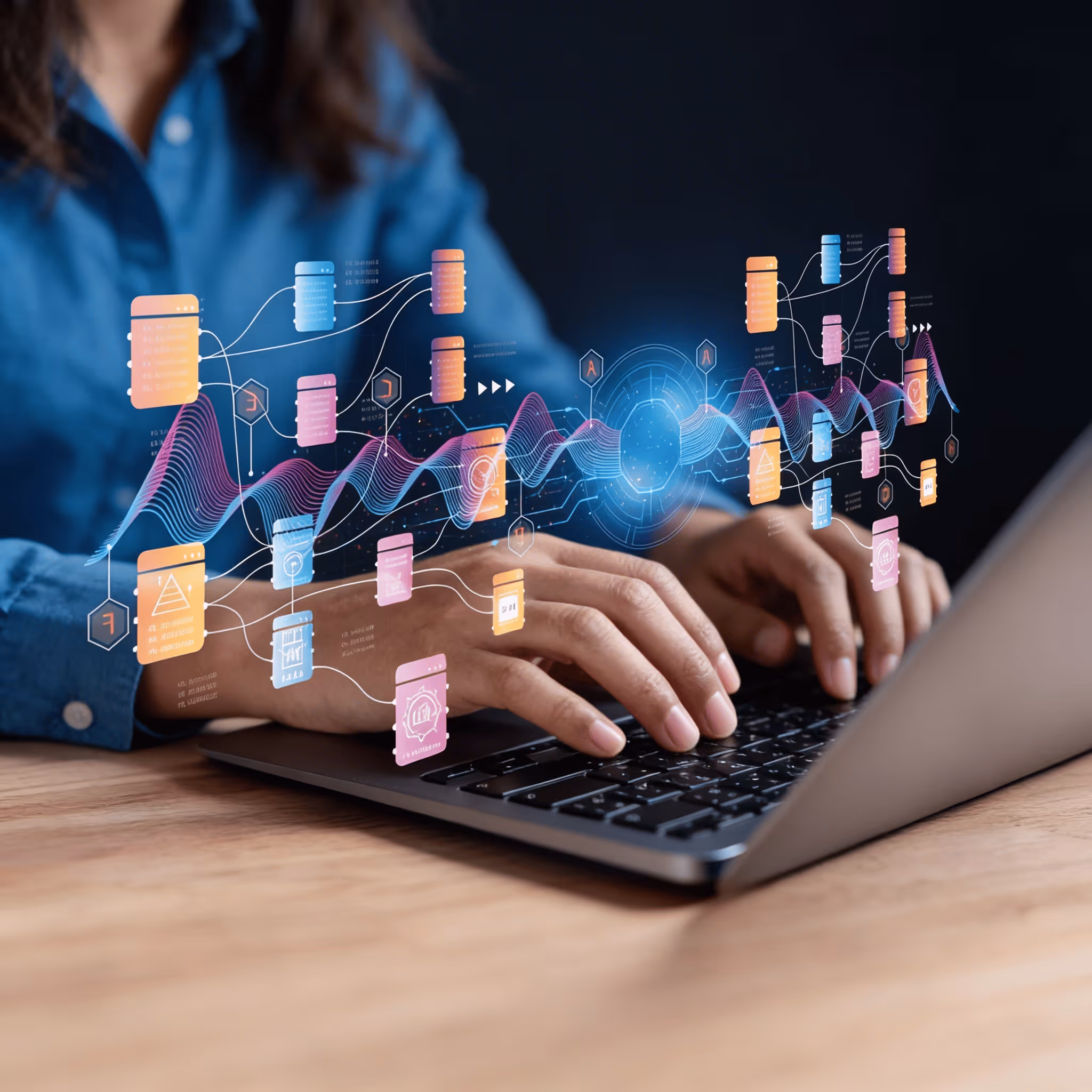 Person typing on laptop with floating colorful digital data flow and charts overlay.