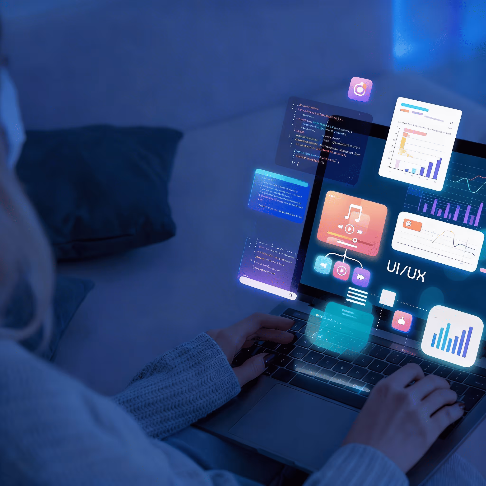 Person typing on laptop with floating UI/UX design and coding graphics around the screen.