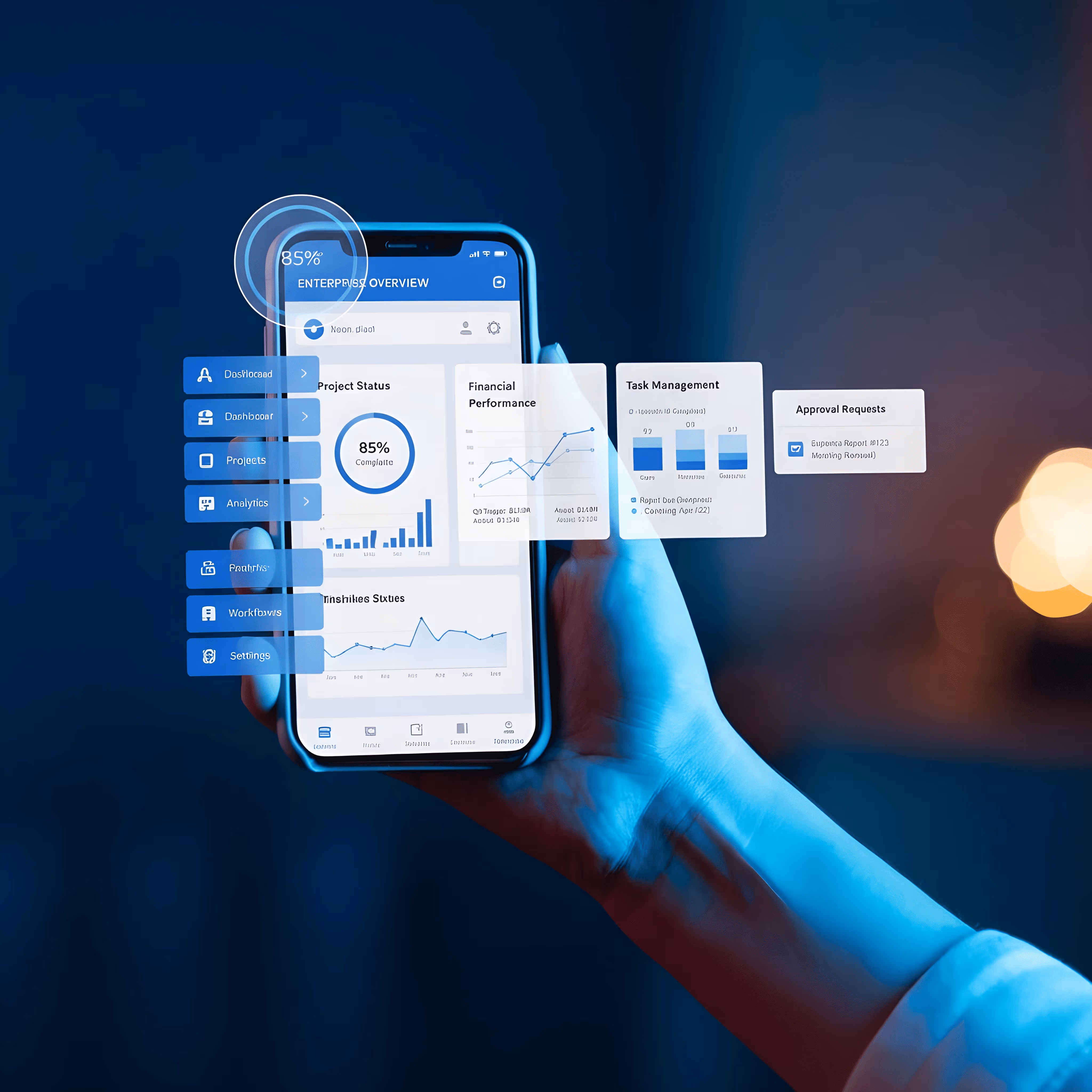 Hand holding smartphone showing enterprise dashboard with project status, financial and task charts.