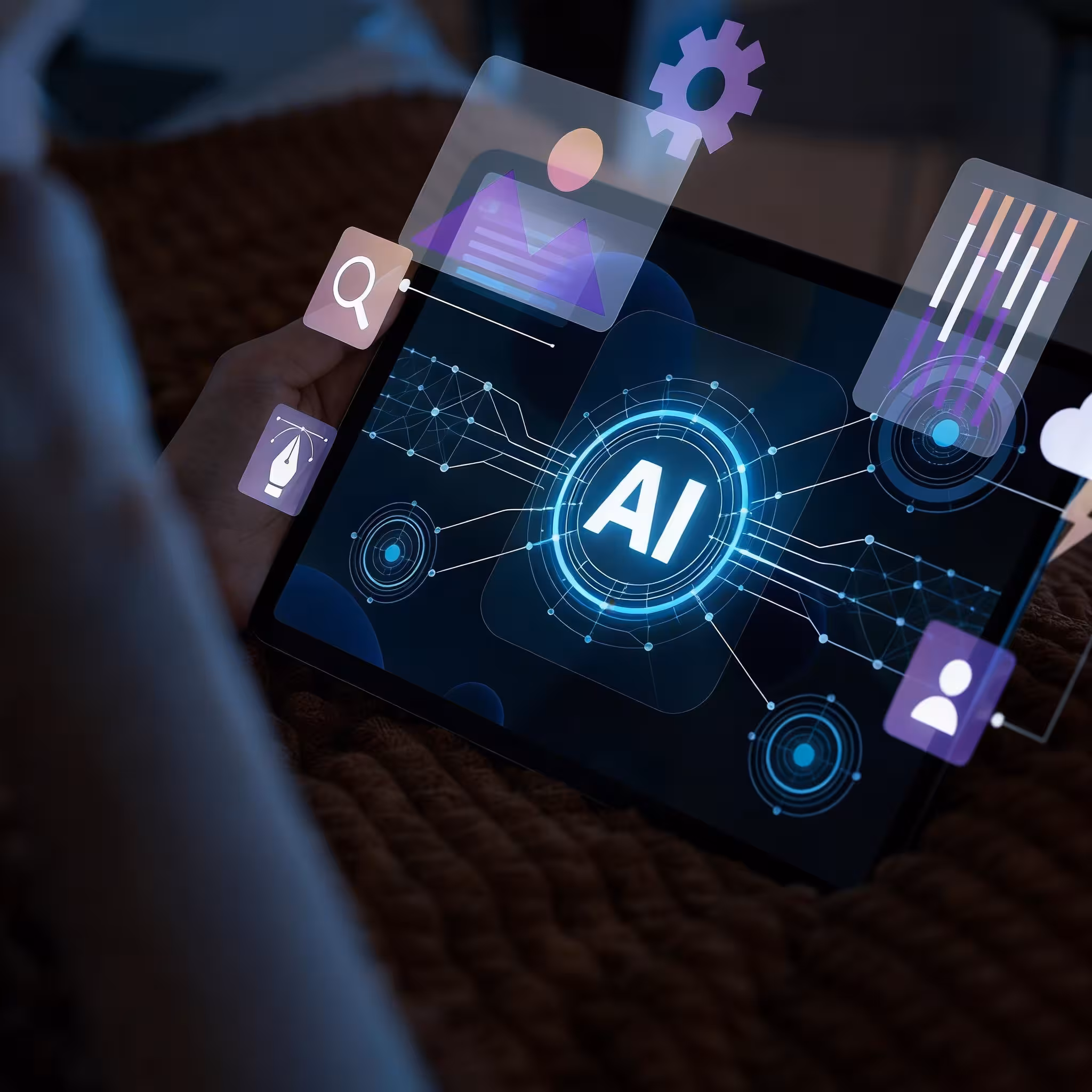 Person holding a tablet showing AI network and icons for search, settings, user, and data visualization.