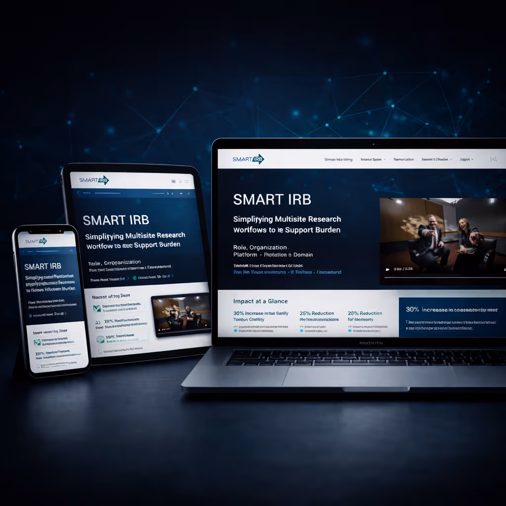 Smart IRB website displayed on smartphone, tablet, and laptop screens with dark network background.