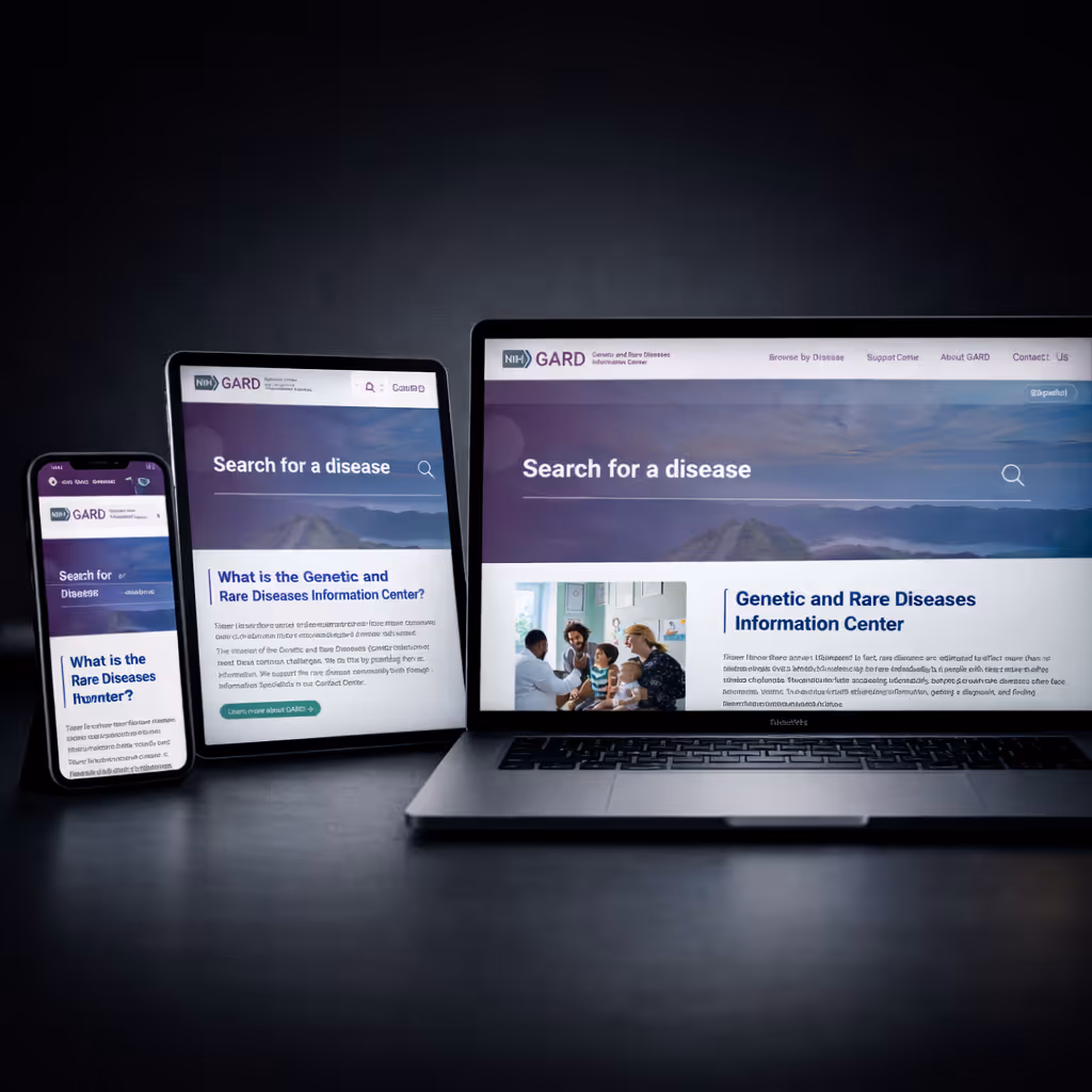 Laptop, tablet, and phone displaying the Genetic and Rare Diseases Information Center website.