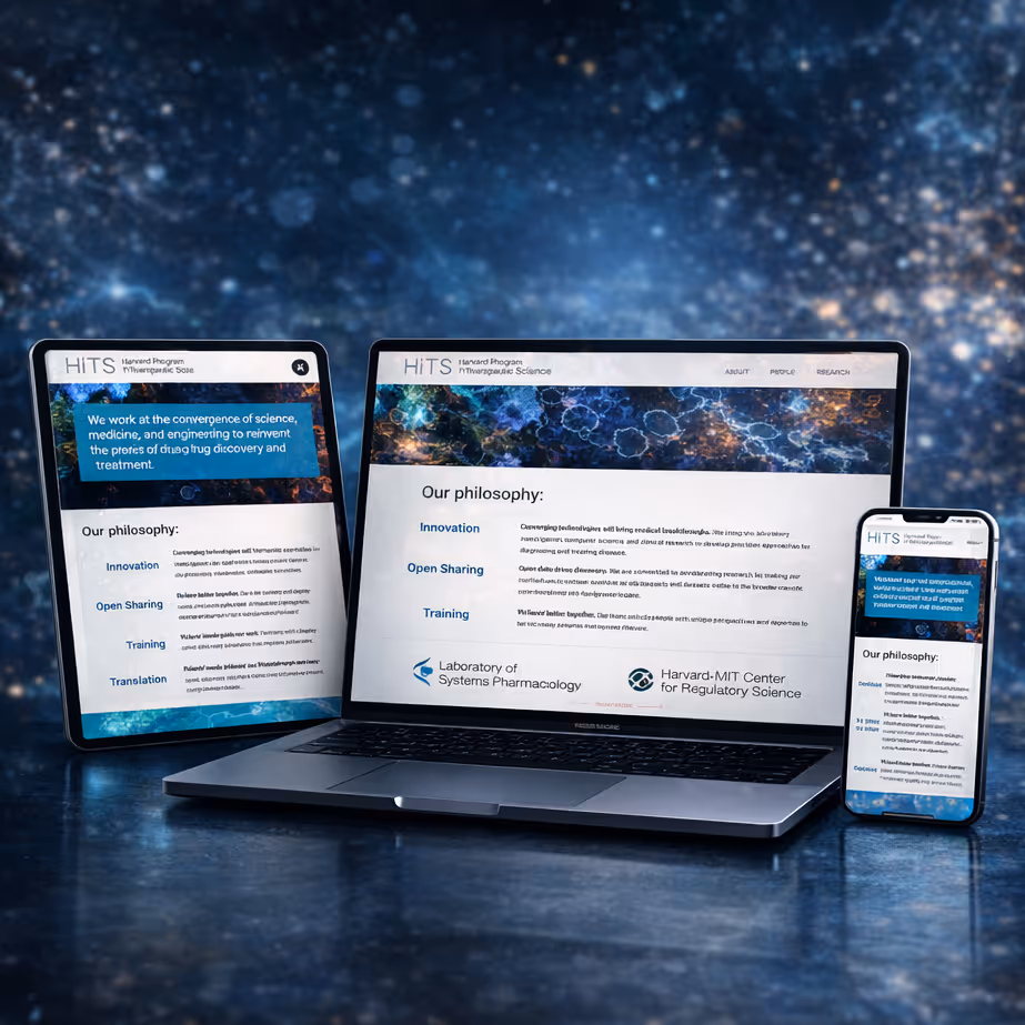 Tablet, laptop, and phone showing Harvard program HiTS website with philosophy on innovation and training.
