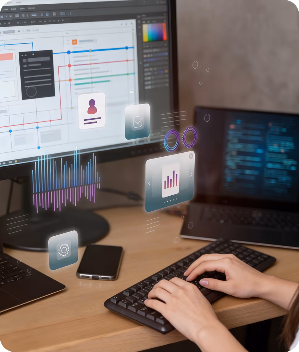 Hands typing on keyboard with two screens showing coding and data charts with floating UI icons.