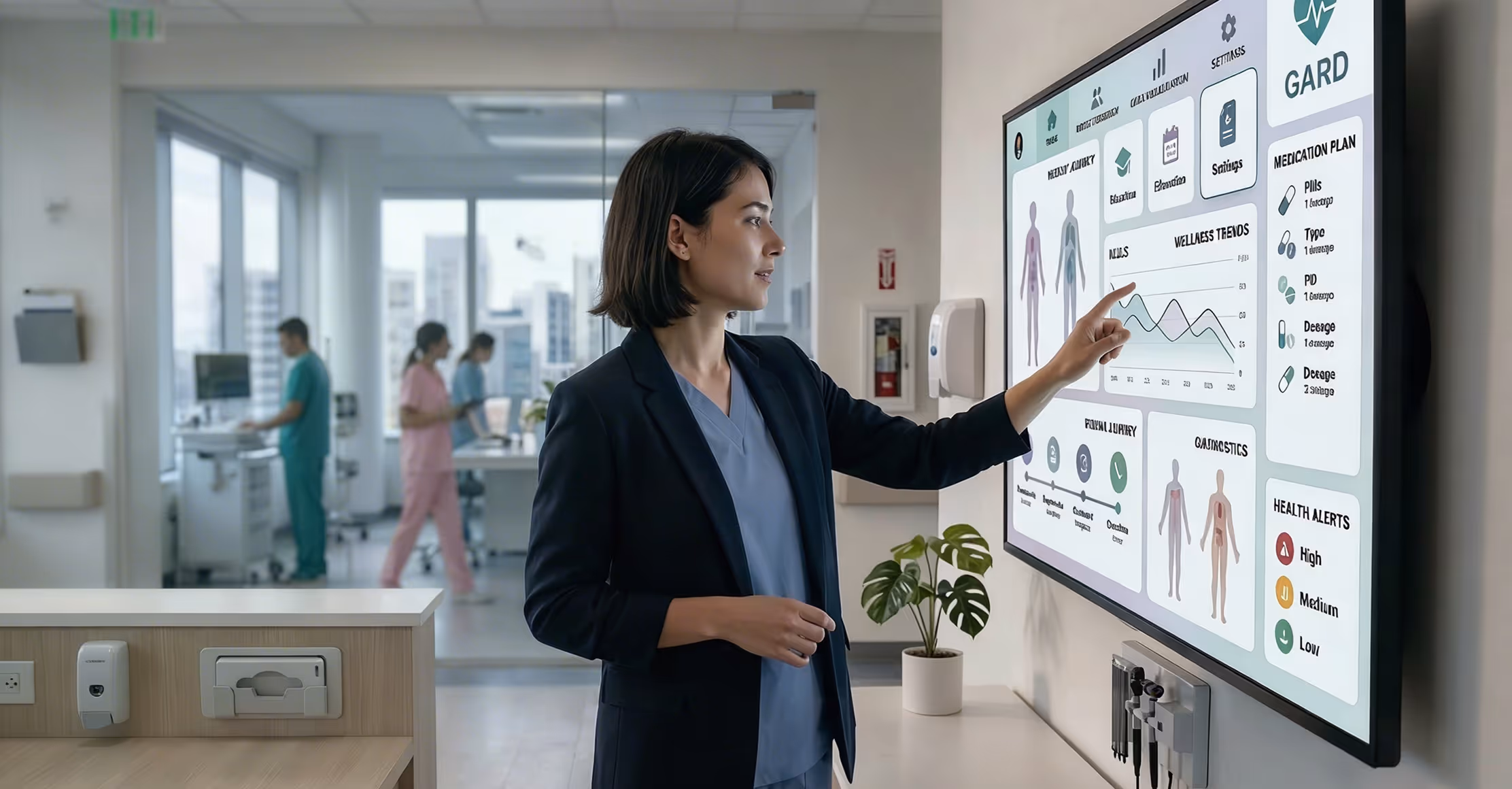 Medical professional interacting with a digital health dashboard screen in a modern clinic.