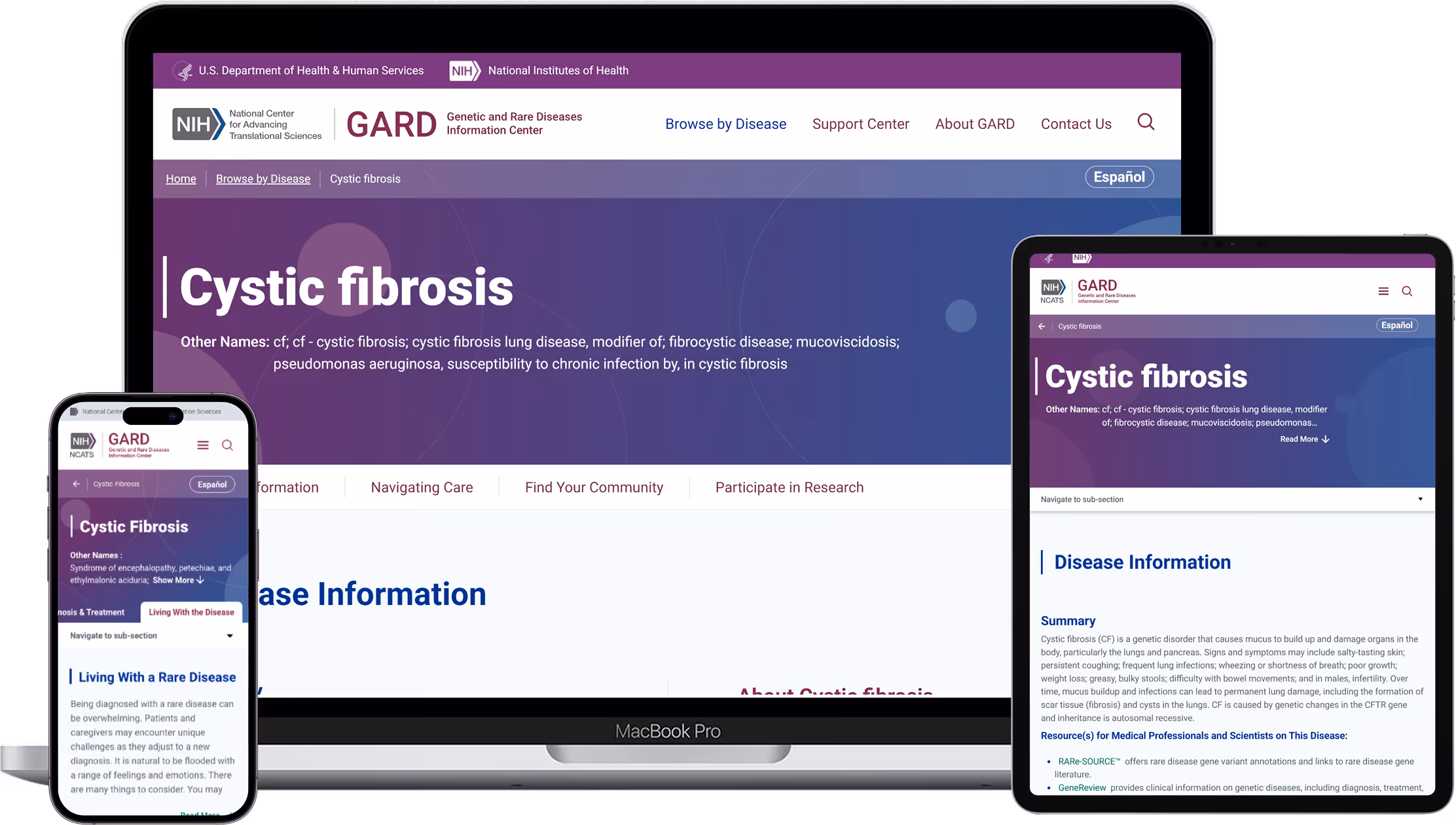 NIH GARD website on cystic fibrosis displayed on iPhone, MacBook Pro, and iPad screens.