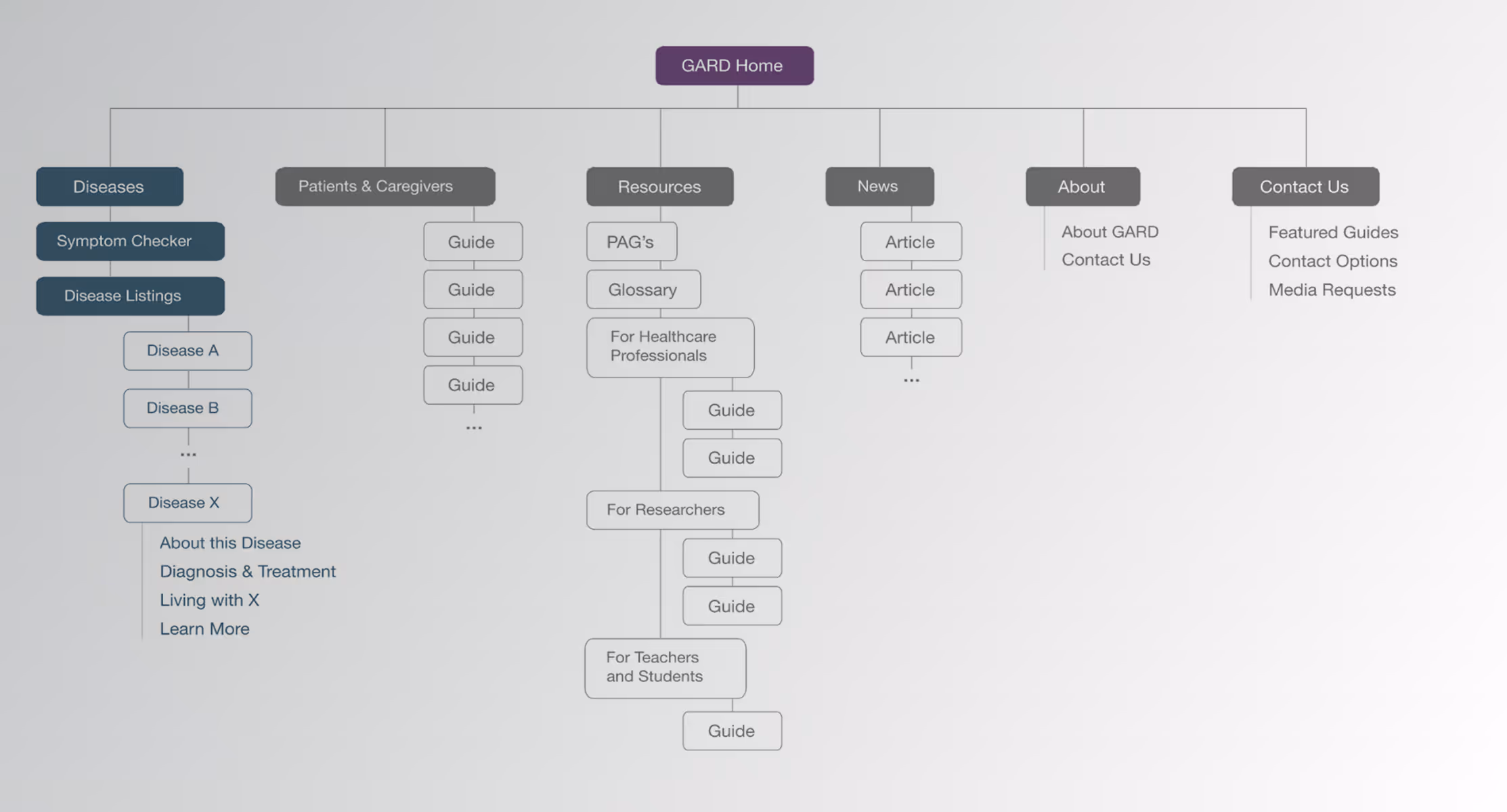 Website sitemap diagram showing sections: Diseases, Patients, Resources, News, About, and Contact Us with sublinks.