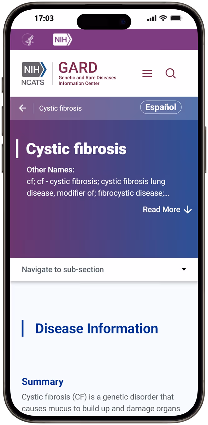 Mobile screen showing NIH GARD page about cystic fibrosis with summary and disease information.