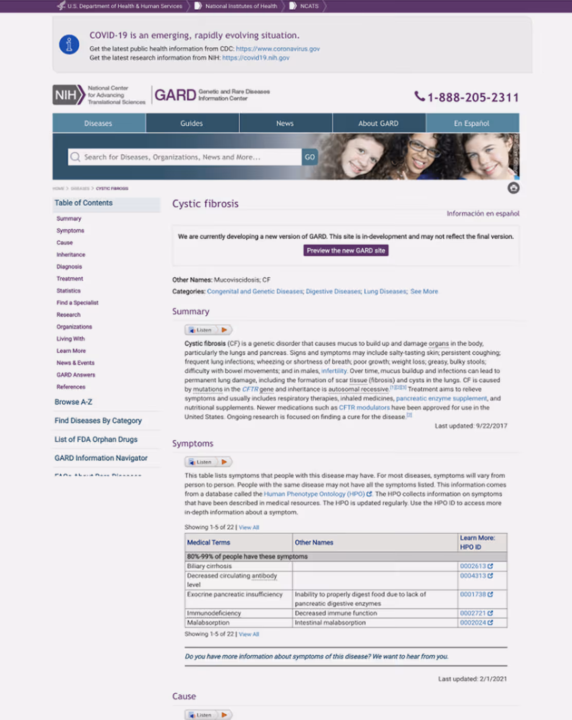 Webpage from NIH GARD about cystic fibrosis, showing summary, symptoms, and related medical terms.