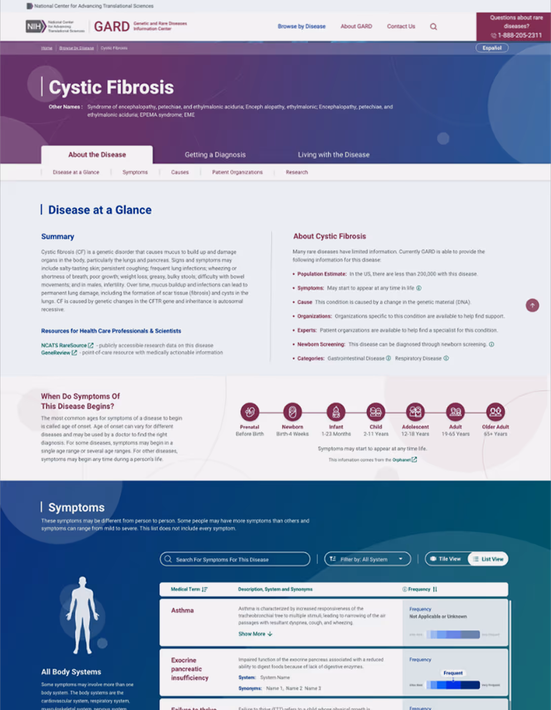 GARD webpage on cystic fibrosis overview, symptoms, causes, and diagnosis information.