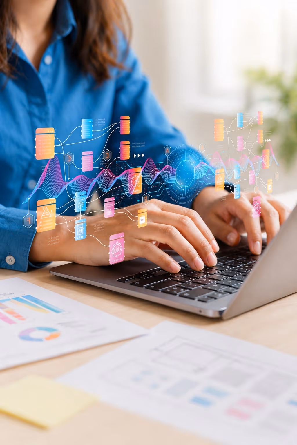 Person typing on a laptop with colorful digital data flow graphics overlaid representing data analysis.