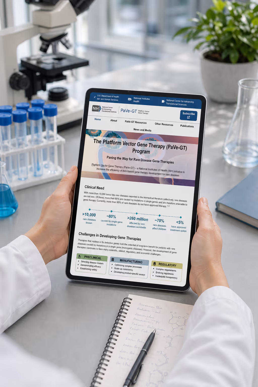 Hands holding a tablet showing The Platform Vector Gene Therapy program in a science lab setting.