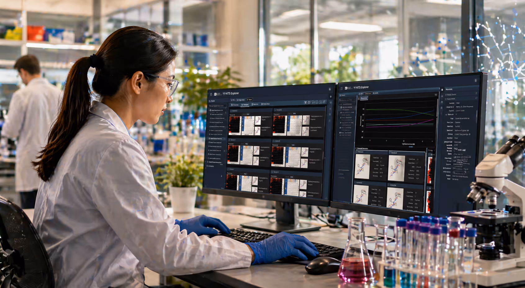 Female scientist in lab coat and gloves working on dual monitors showing scientific data and graphs.