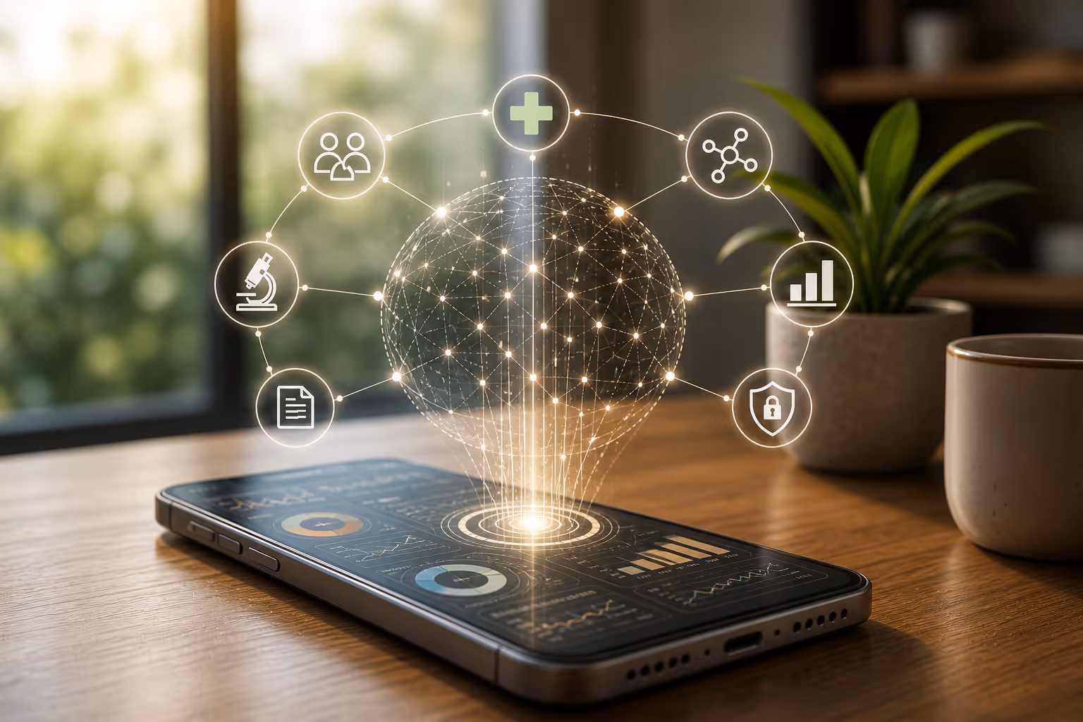 Smartphone on wooden table projecting connected icons for health, data, and science in a network globe.