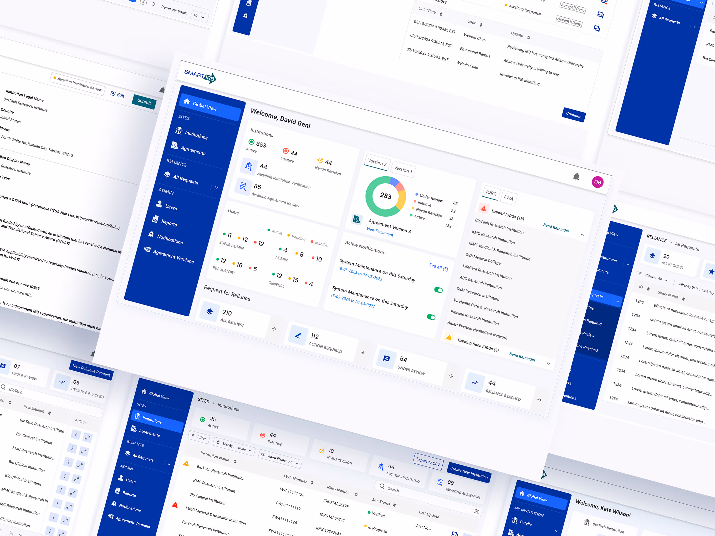 Dashboard interface showing institution statuses, user roles, notifications, and agreement details in a management system.