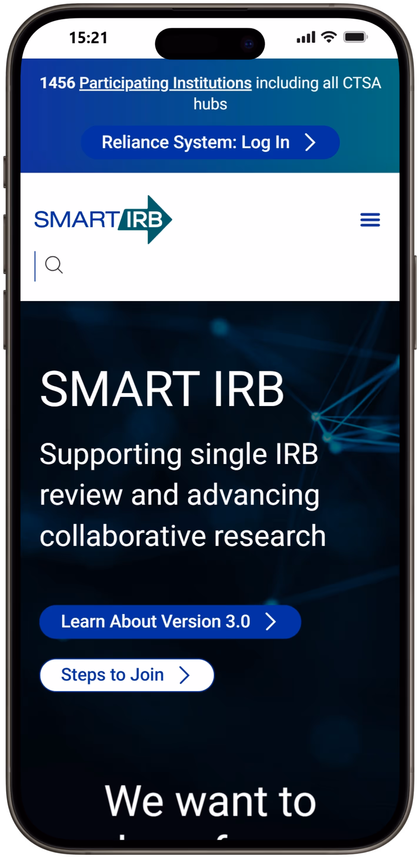 Smart IRB website on phone showing support for single IRB review and collaborative research.