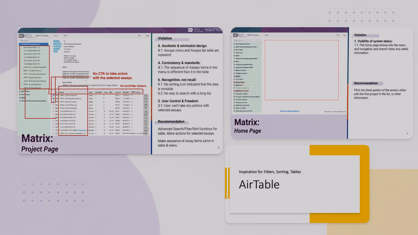 Screenshots showing NCATS Matrix project and home pages with usability violations and AirTable inspiration.