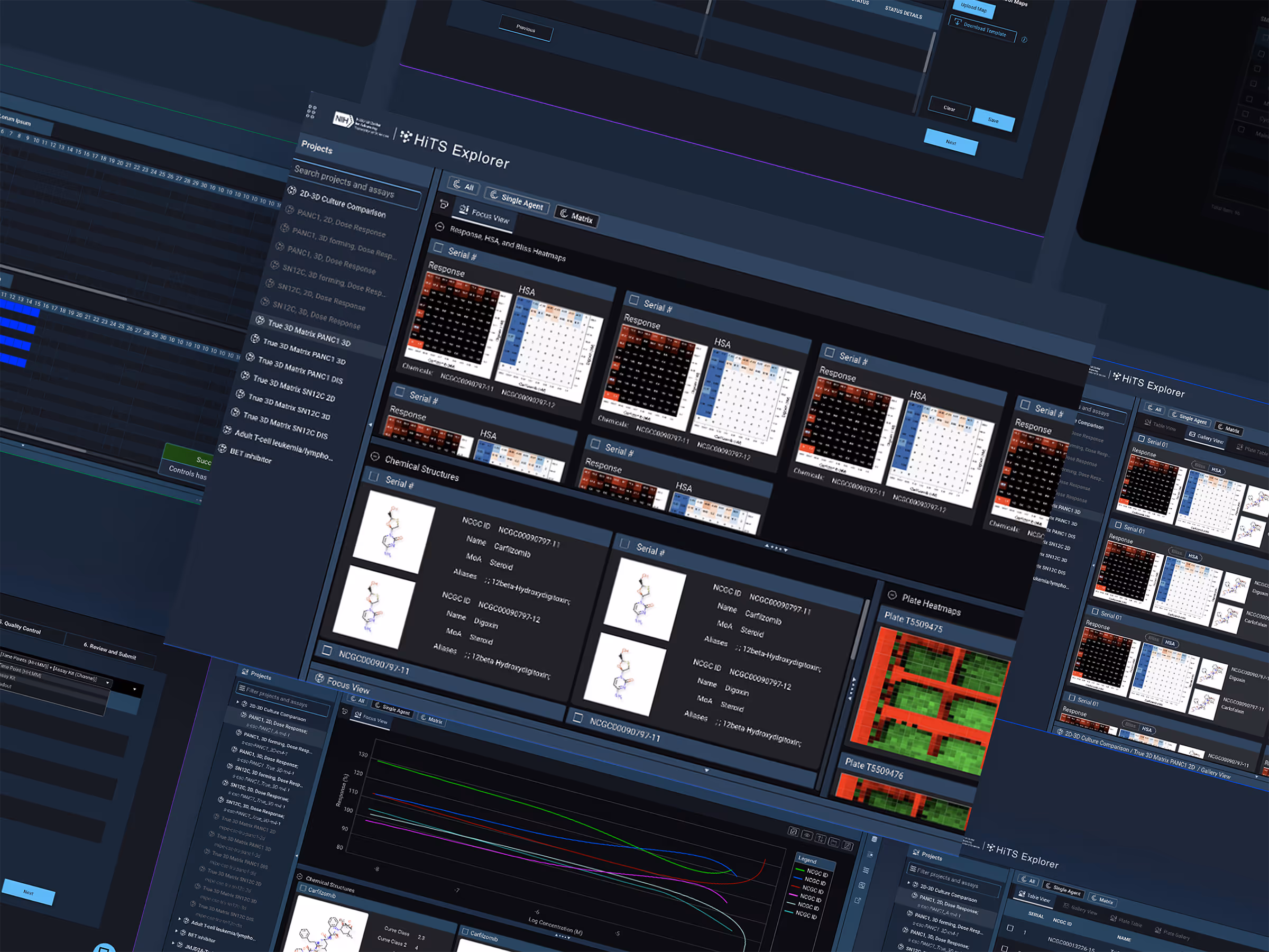 Dashboard of HiTS Explorer software showing chemical responses, structures, and heatmaps on dark interface.