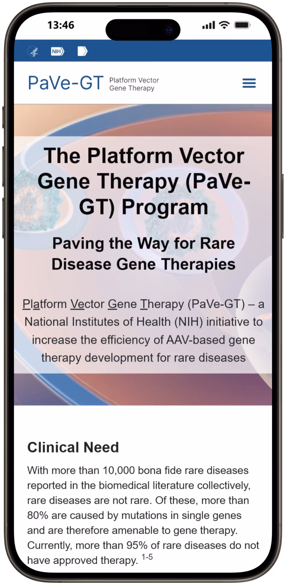 Mobile screen showing PaVe-GT gene therapy program for rare diseases by NIH with clinical need details.