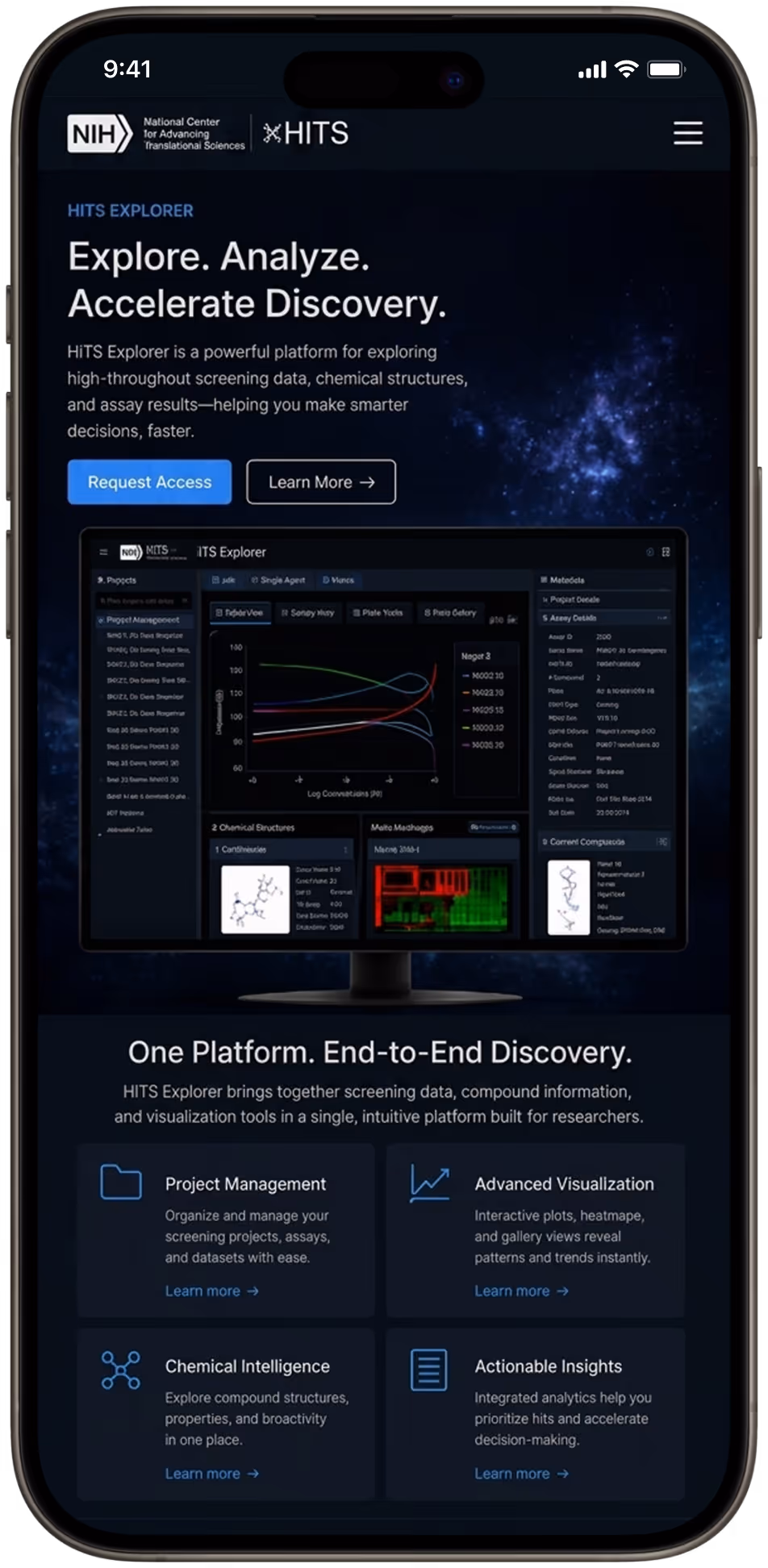 Mobile screen showing NIH HITS Explorer platform with data visualizations and features for researchers.