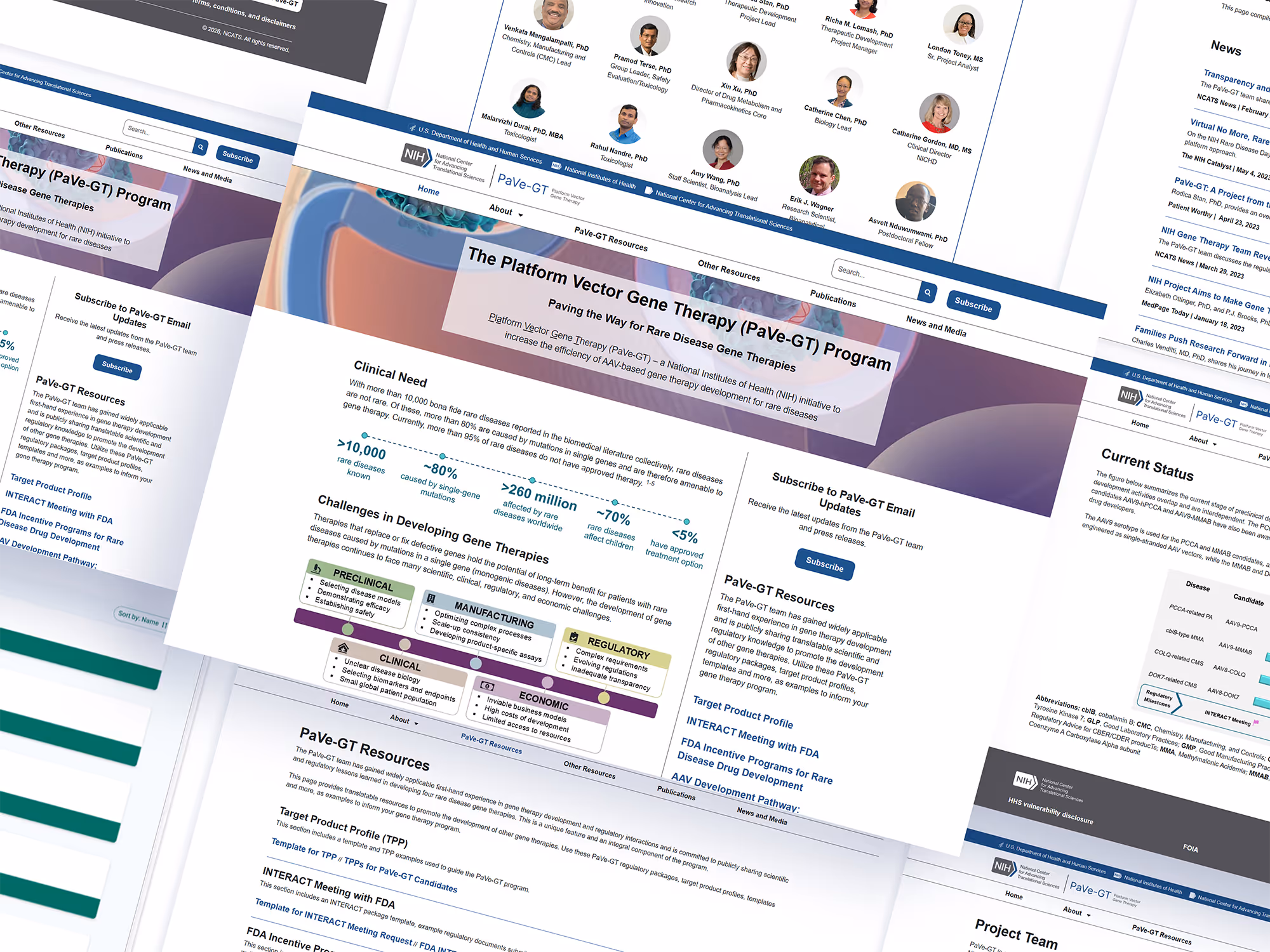 Webpage screenshots of Pave-GT Program showing clinical need, challenges, resources, and project team details.