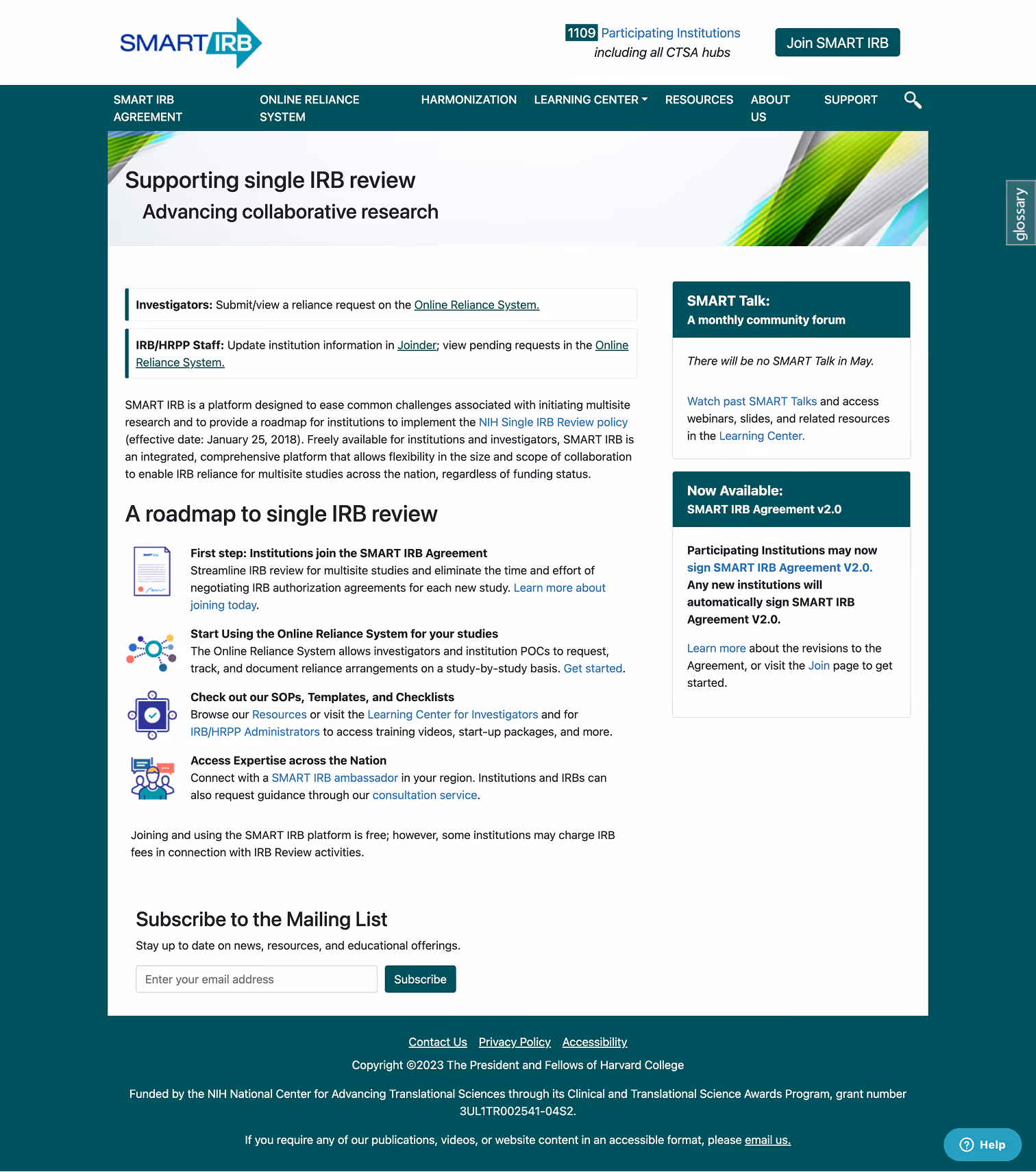 SMART IRB webpage showing collaborative research info, steps to join, resources, and subscription form.