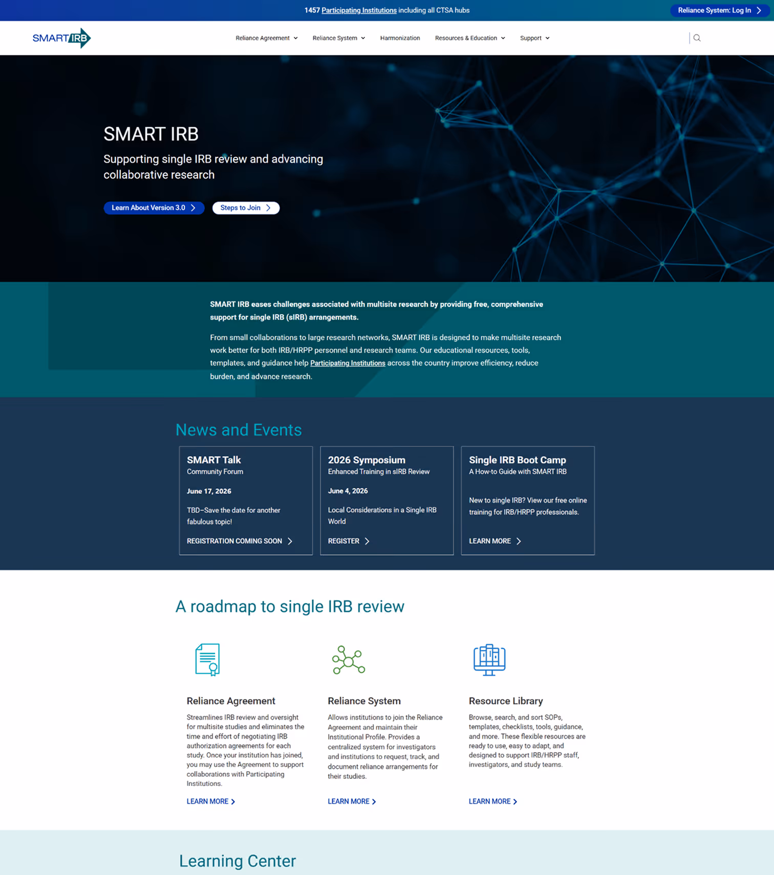 SMART IRB homepage showing support for single IRB review with news, events, and resources.