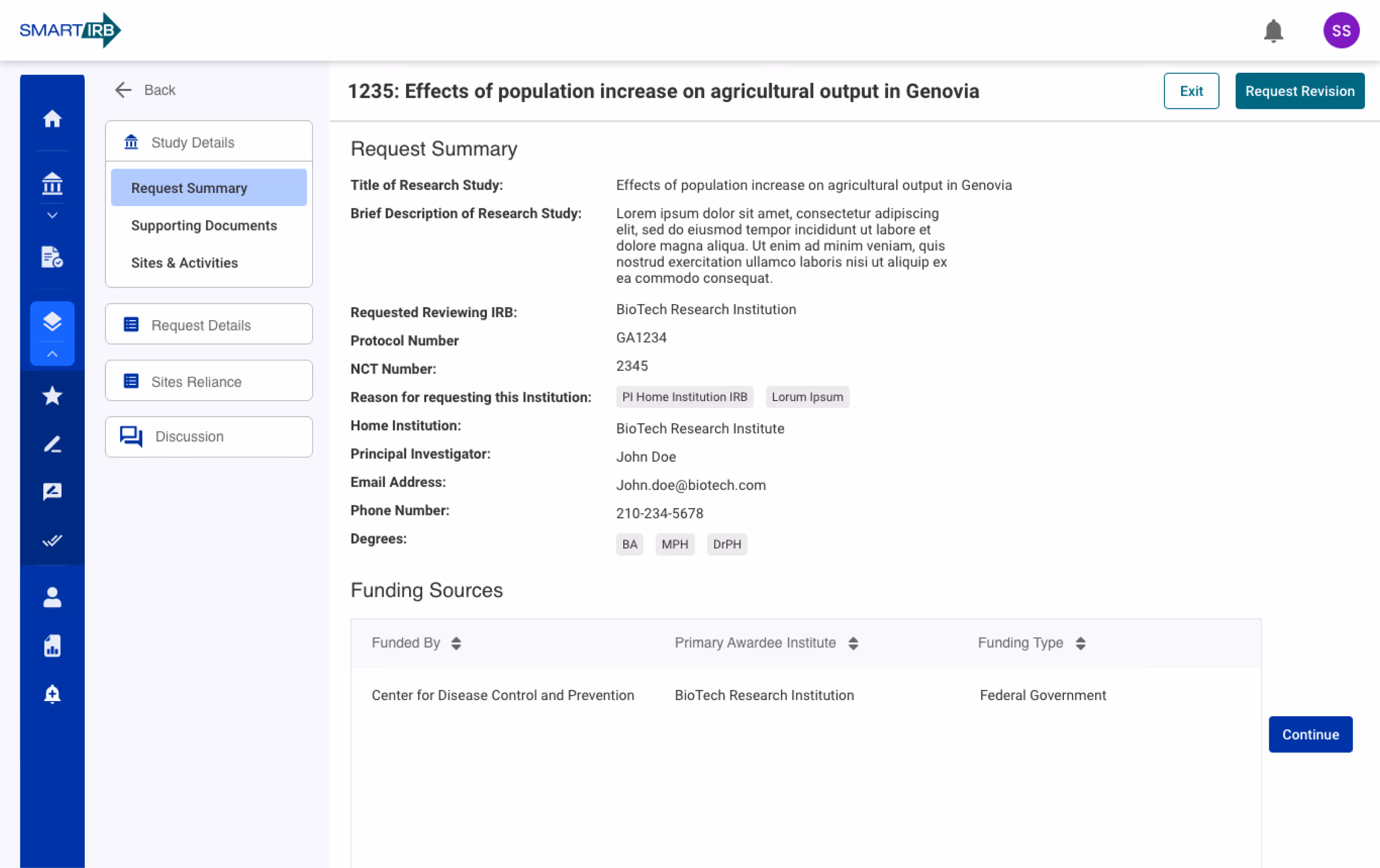 Research request summary listing study details, PI contact, institution, and funding by CDC and BioTech Research.