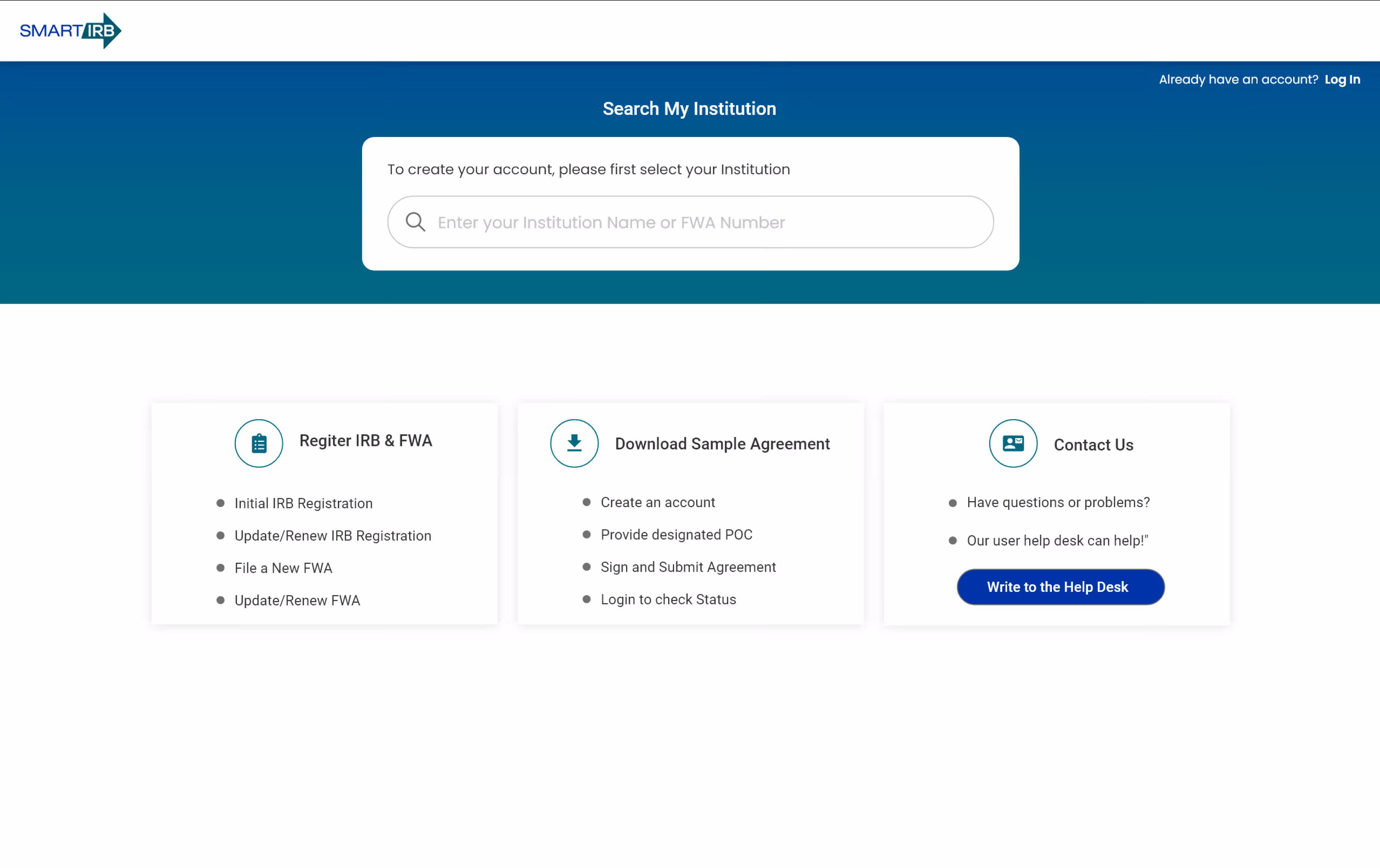 Smart IRB account creation screen with options to register, download agreement, or contact help desk.