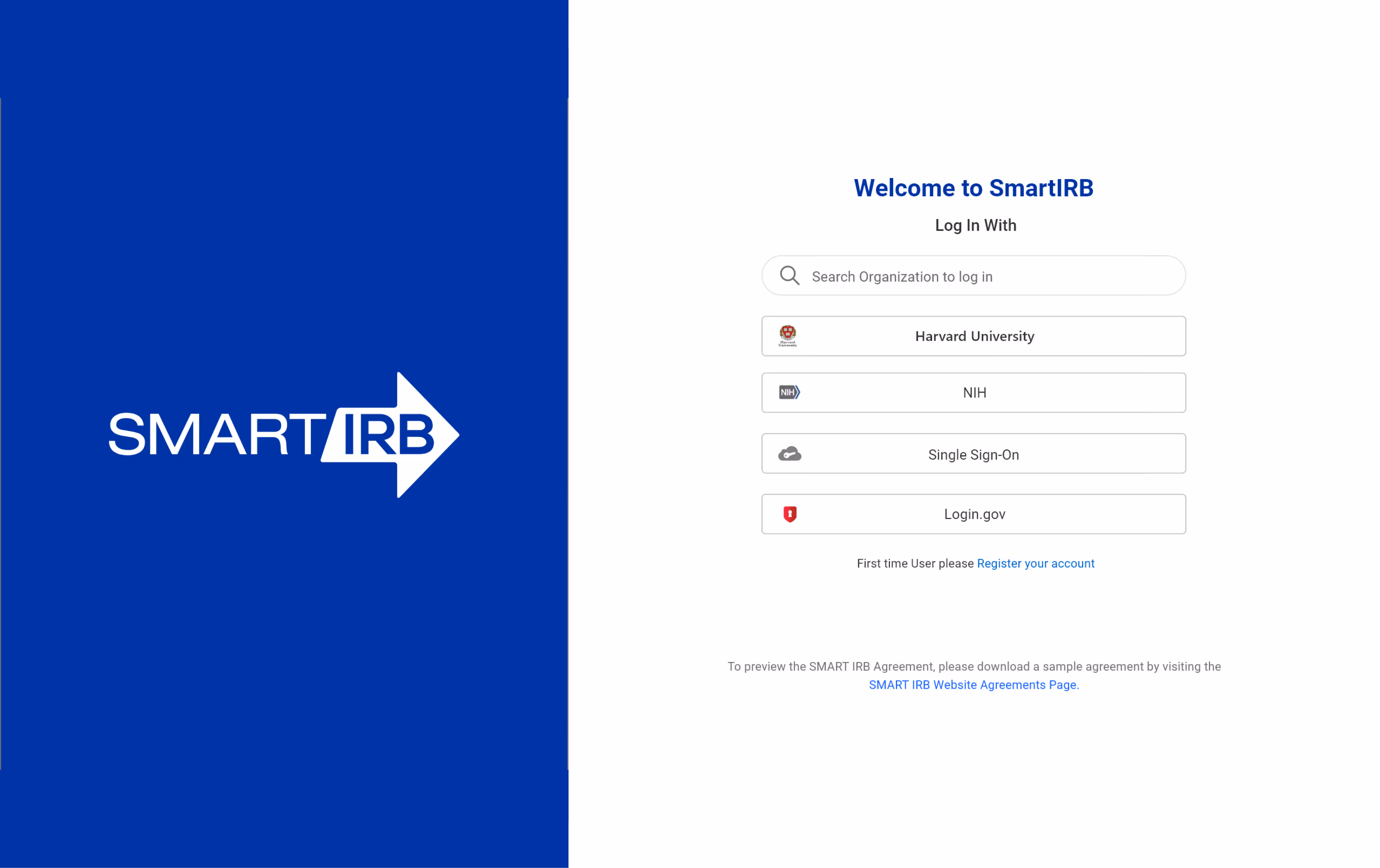 SmartIRB login screen with options for Harvard, NIH, Single Sign-On, and Login.gov.
