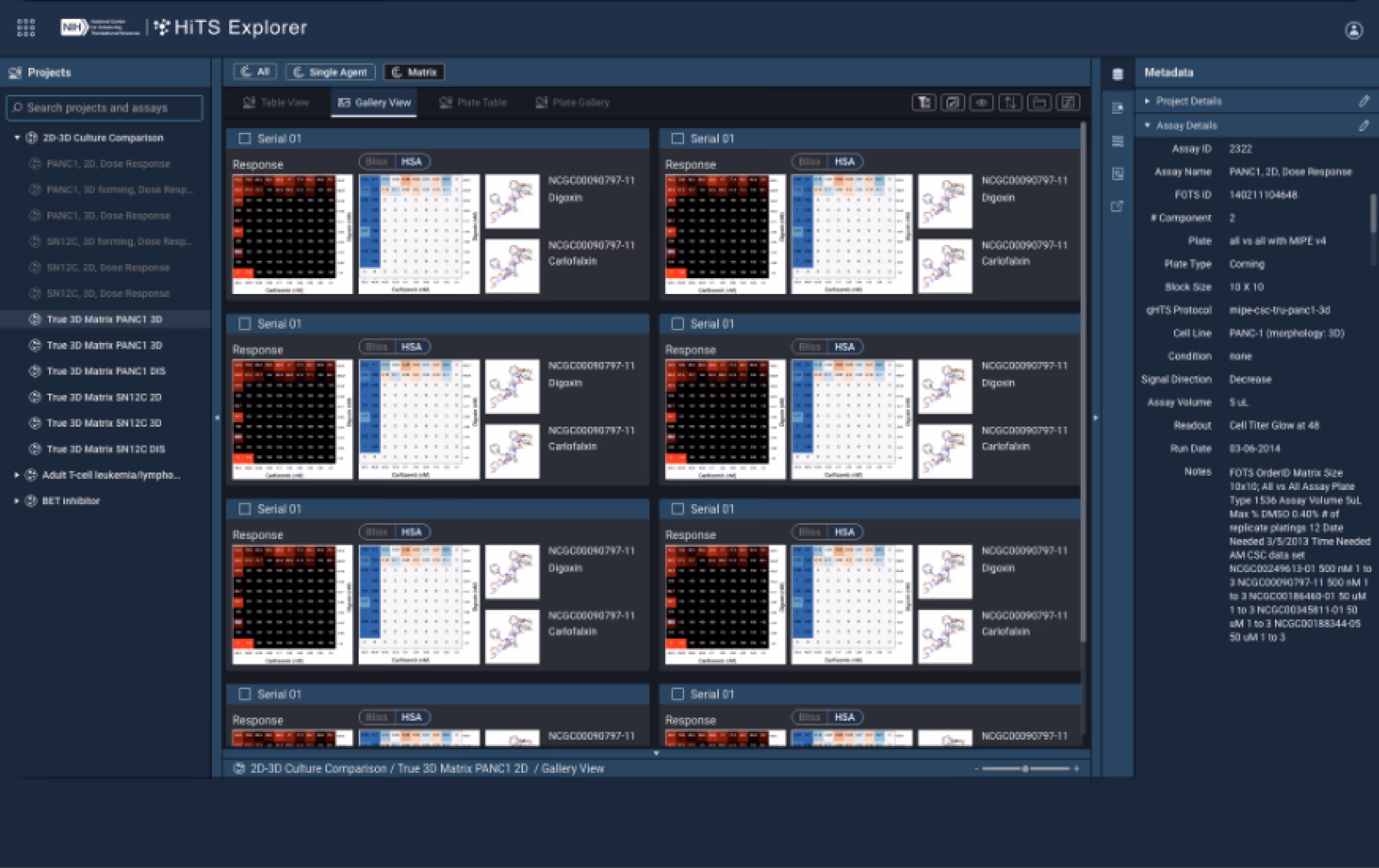 HiTS Explorer interface showing project lists, response data matrices, and assay metadata for drug screening.