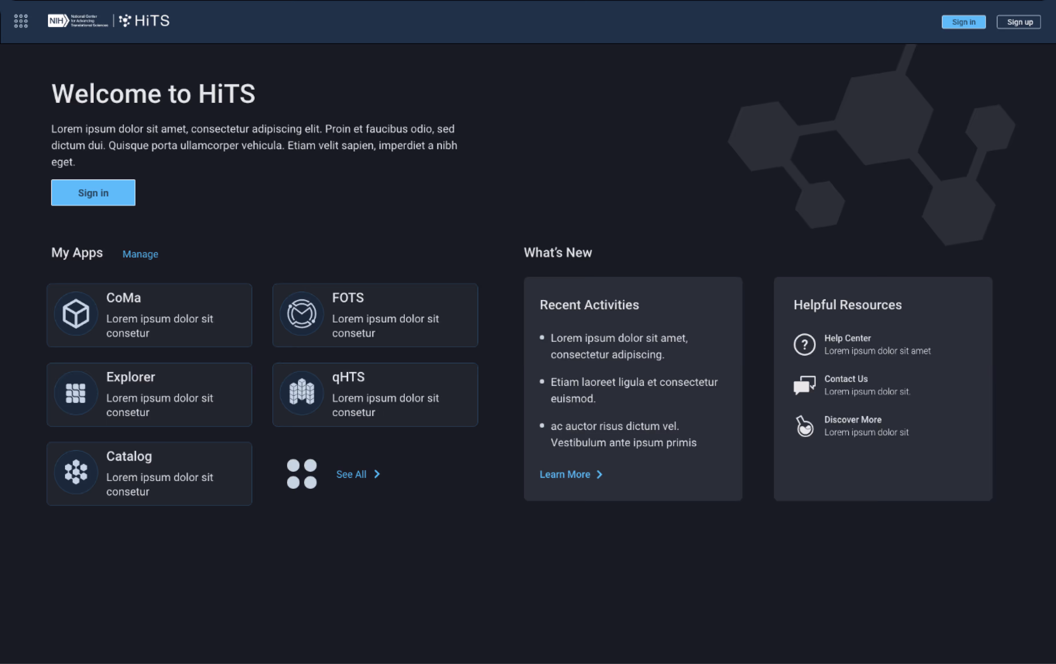 Dark-themed app dashboard with welcome message, sign-in button, app icons, recent activities, and helpful resources.