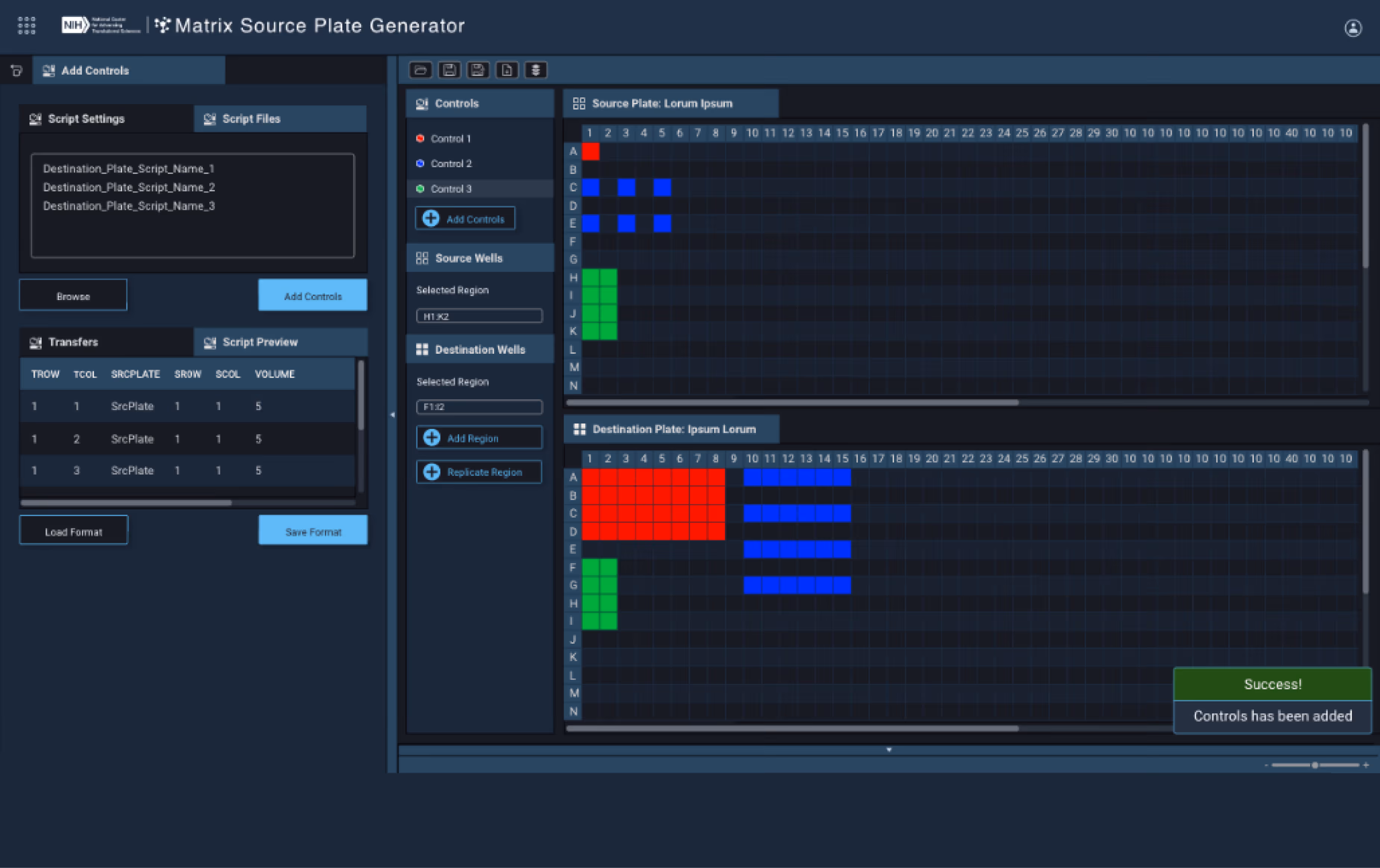 Matrix Source Plate Generator interface showing controls and color-coded 96-well source and destination plates.
